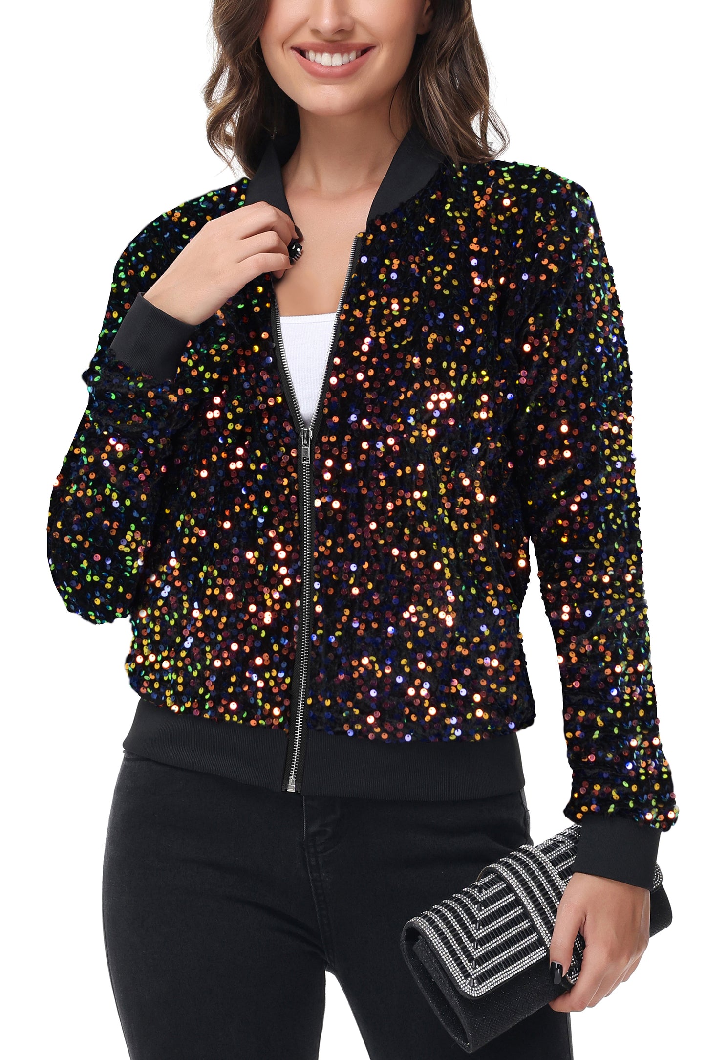 Anna-Kaci Womens Sparkly Sequin Jacket Zipper Long Sleeve Glitter Sequin Bomber Jacket with Pockets