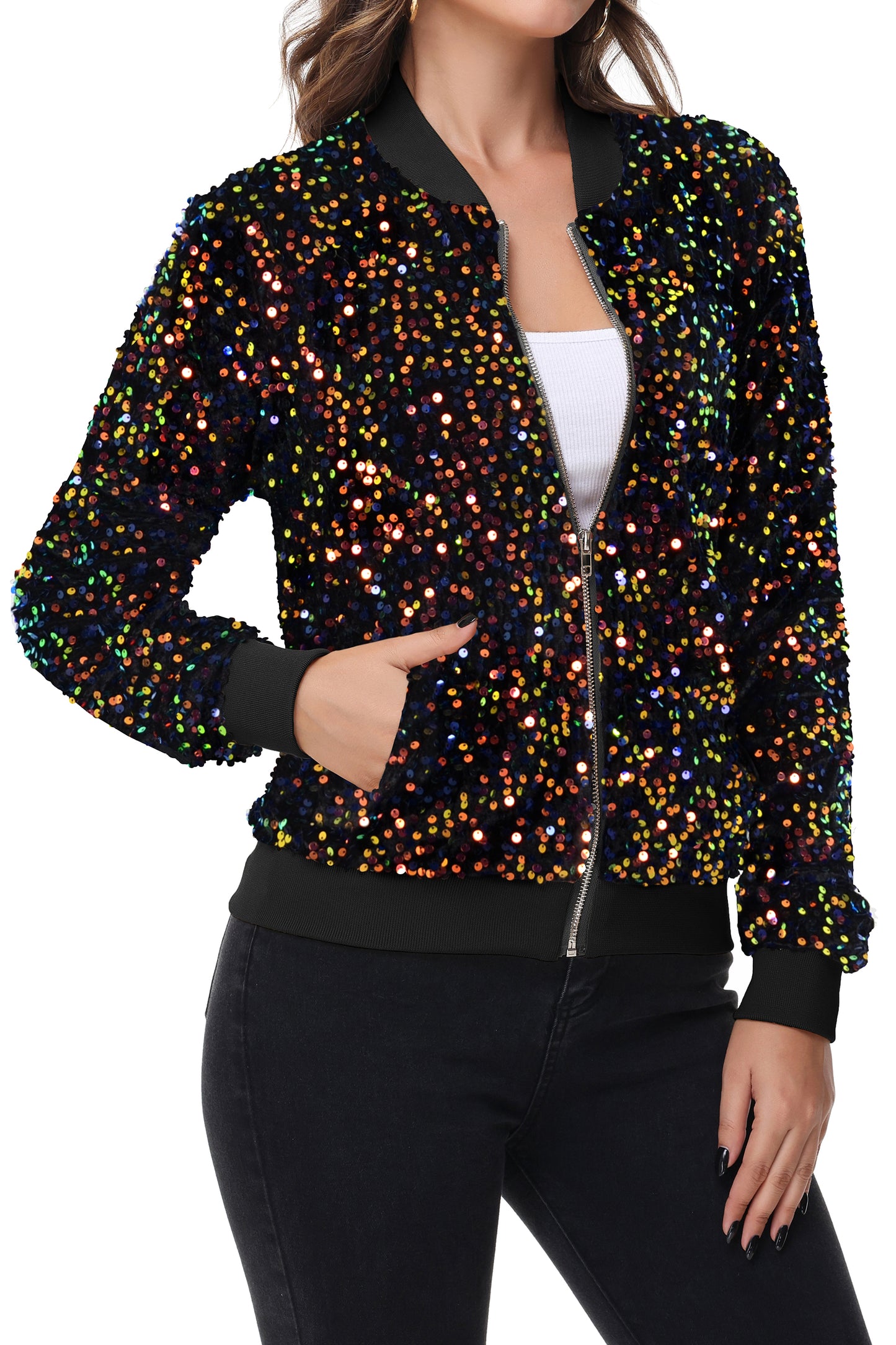 Anna-Kaci Womens Sparkly Sequin Jacket Zipper Long Sleeve Glitter Sequin Bomber Jacket with Pockets