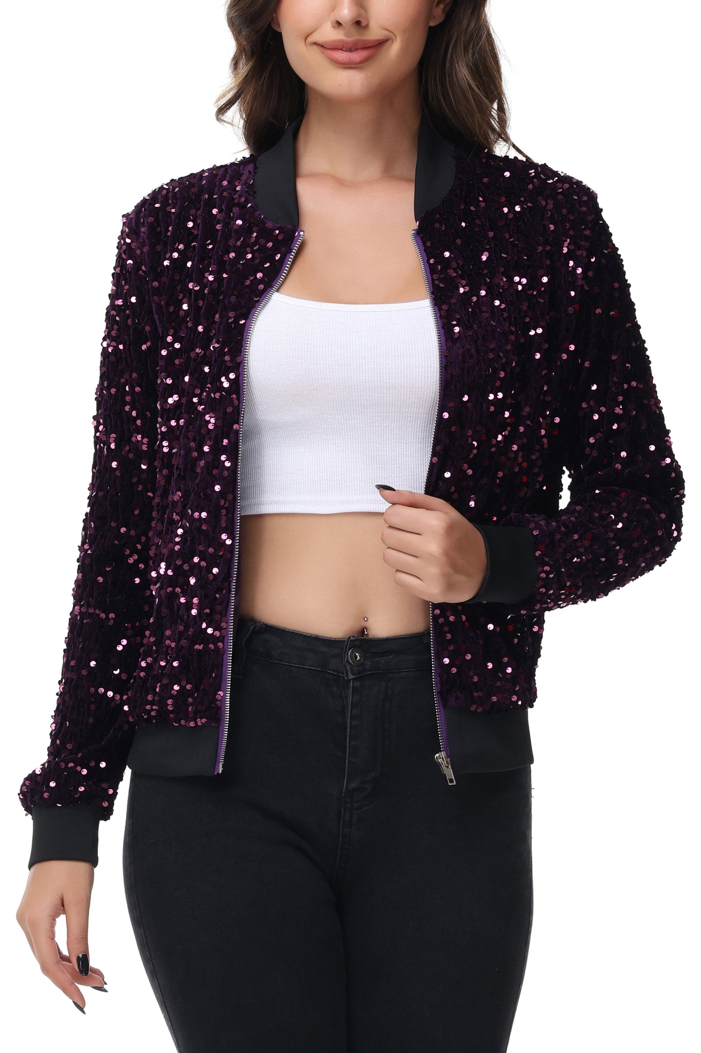Anna-Kaci Womens Sparkly Sequin Jacket Zipper Long Sleeve Glitter Sequin Bomber Jacket with Pockets