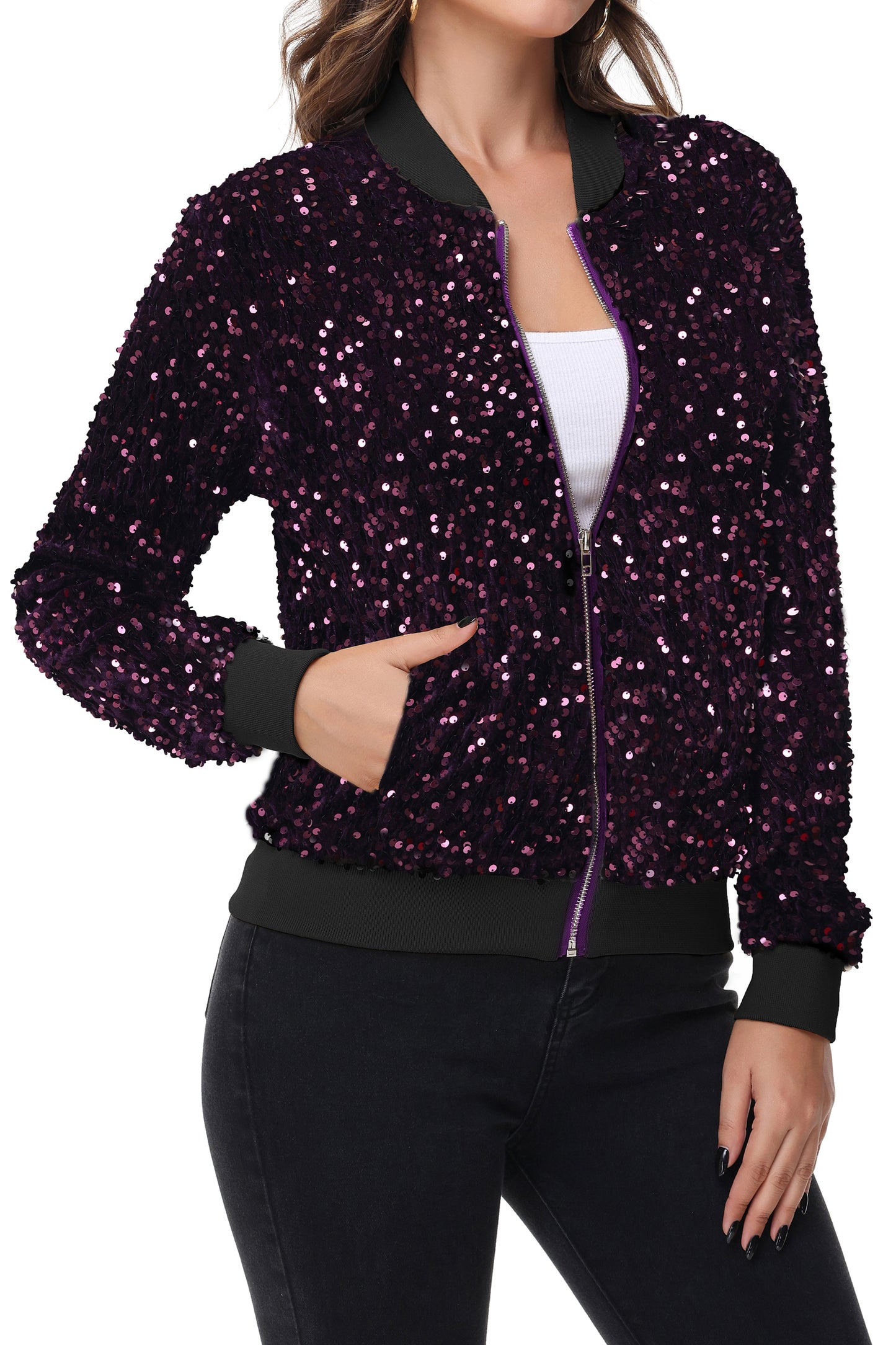 Anna-Kaci Womens Sparkly Sequin Jacket Zipper Long Sleeve Glitter Sequin Bomber Jacket with Pockets