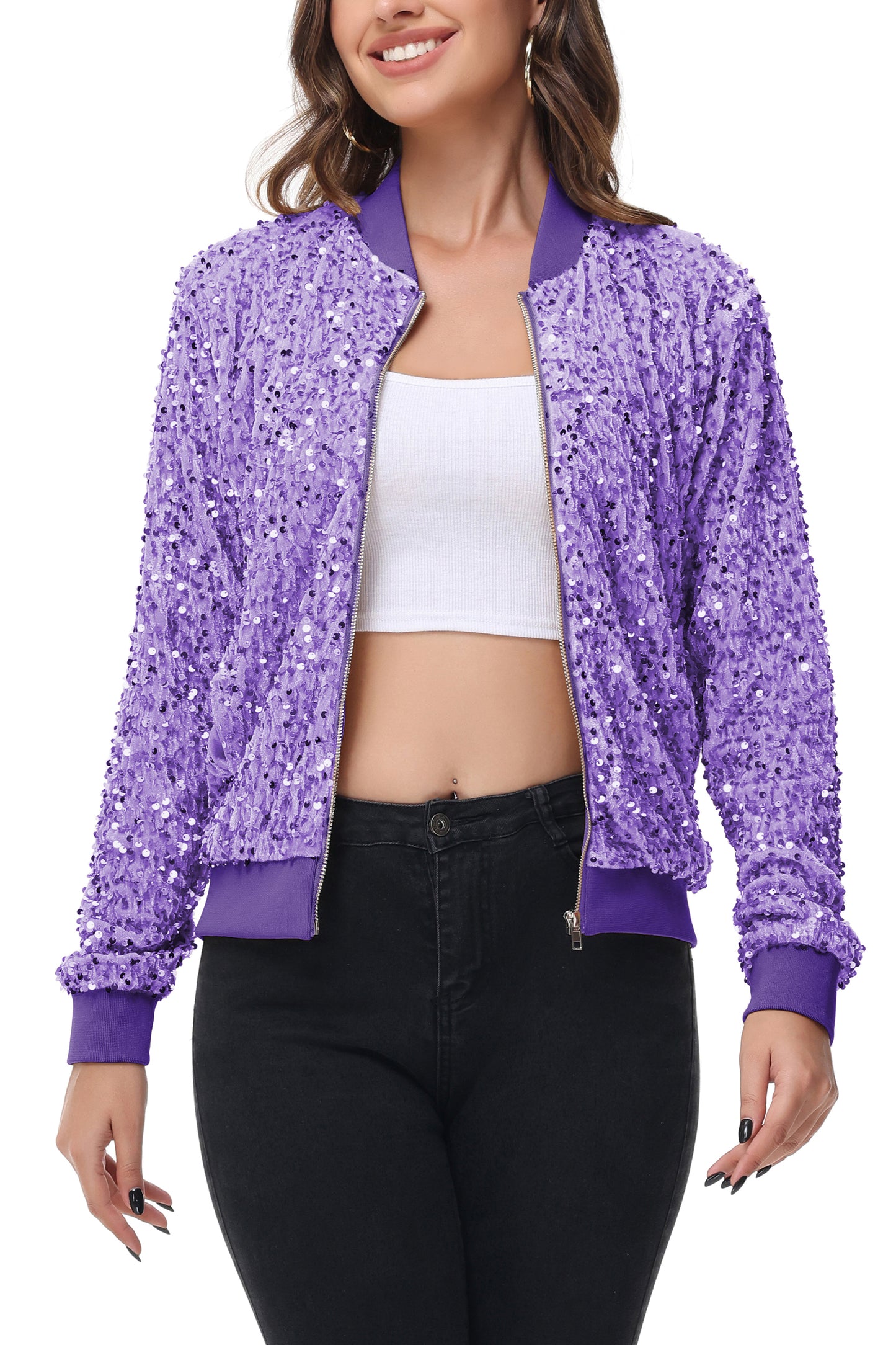 Anna-Kaci Womens Sparkly Sequin Jacket Zipper Long Sleeve Glitter Sequin Bomber Jacket with Pockets