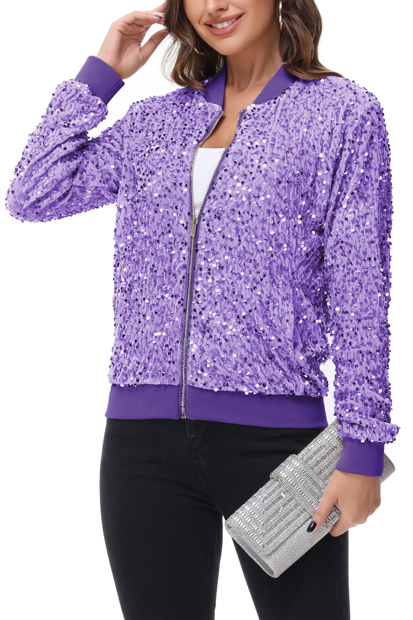 Anna-Kaci Womens Sparkly Sequin Jacket Zipper Long Sleeve Glitter Sequin Bomber Jacket with Pockets