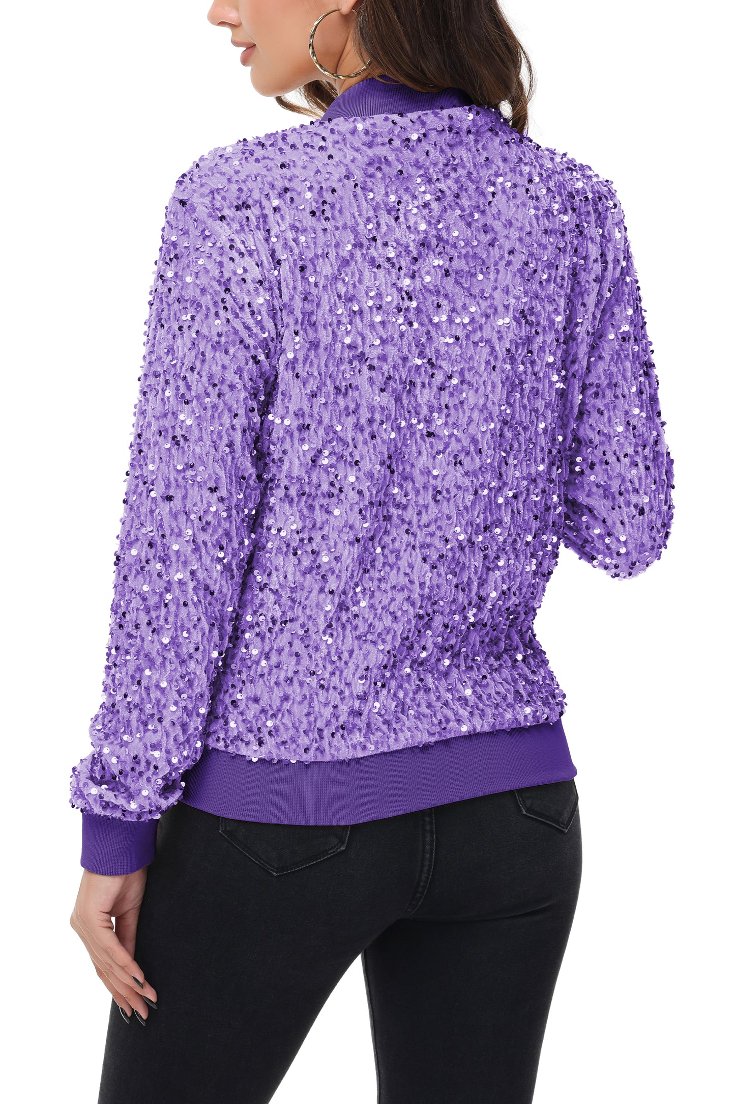 Anna-Kaci Womens Sparkly Sequin Jacket Zipper Long Sleeve Glitter Sequin Bomber Jacket with Pockets