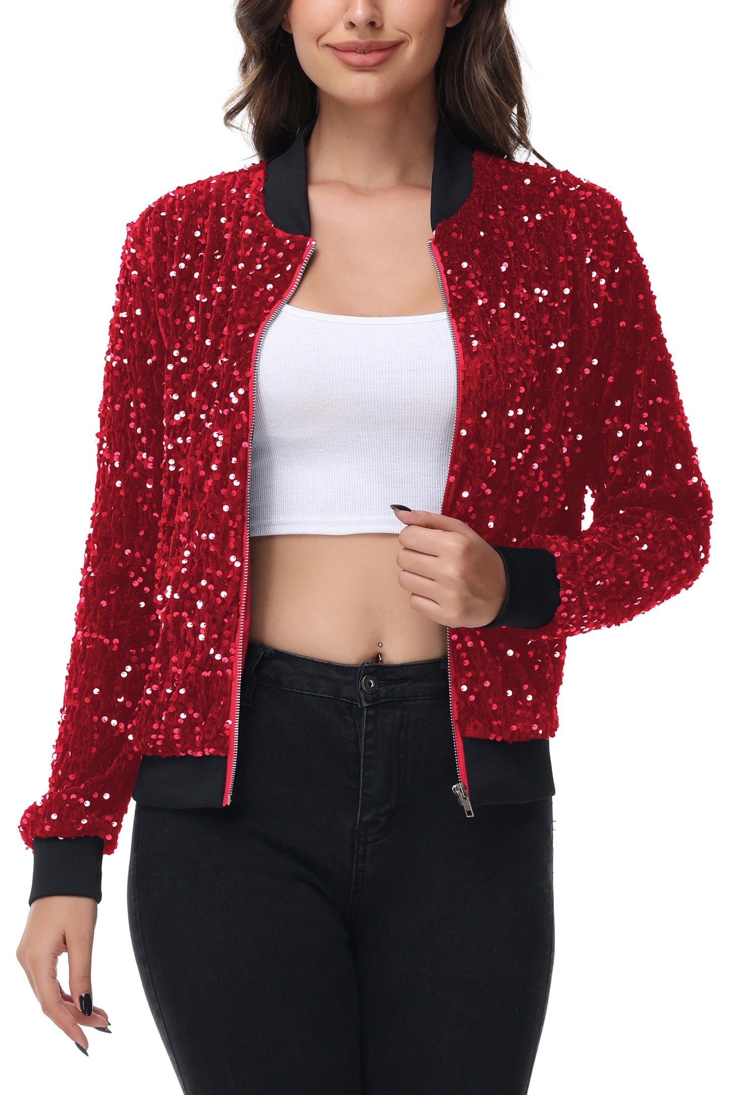 Anna-Kaci Womens Sparkly Sequin Jacket Zipper Long Sleeve Glitter Sequin Bomber Jacket with Pockets