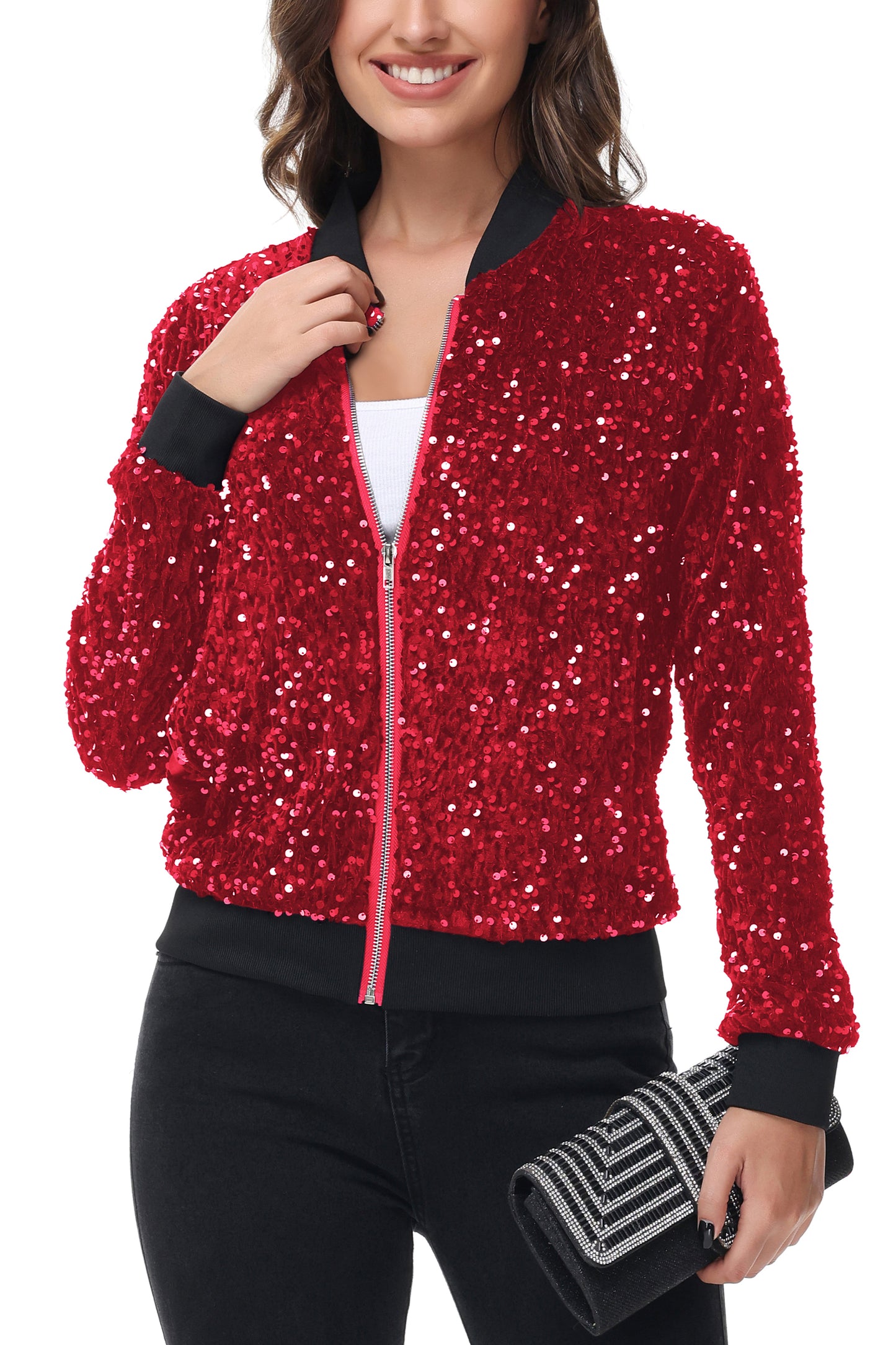 Anna-Kaci Womens Sparkly Sequin Jacket Zipper Long Sleeve Glitter Sequin Bomber Jacket with Pockets