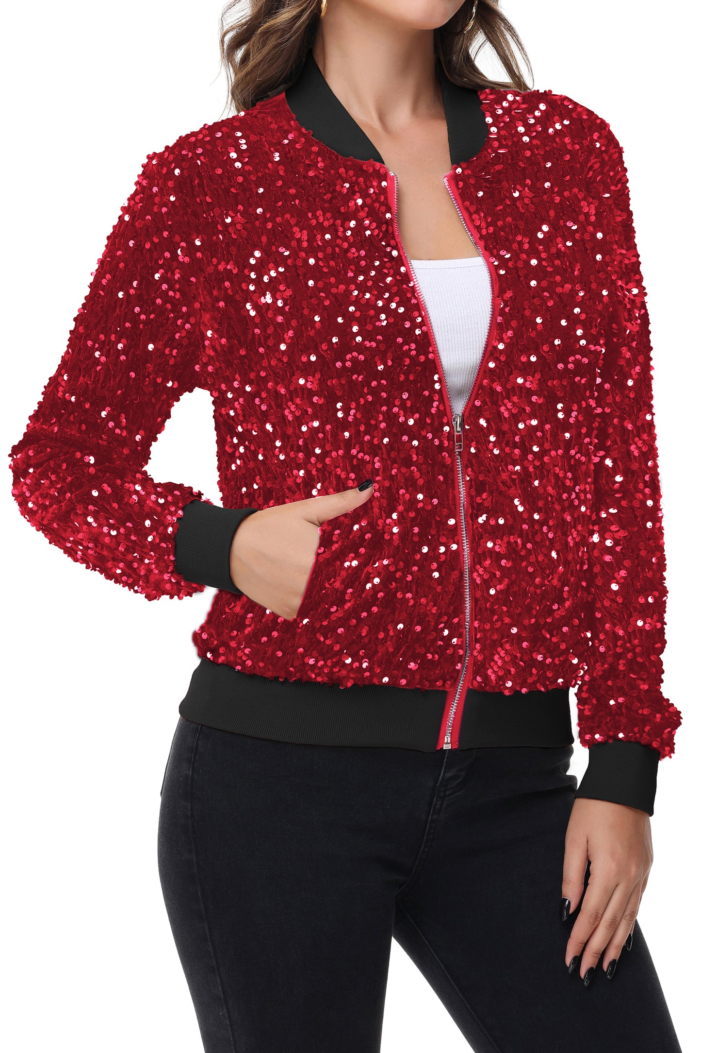 Anna-Kaci Womens Sparkly Sequin Jacket Zipper Long Sleeve Glitter Sequin Bomber Jacket with Pockets