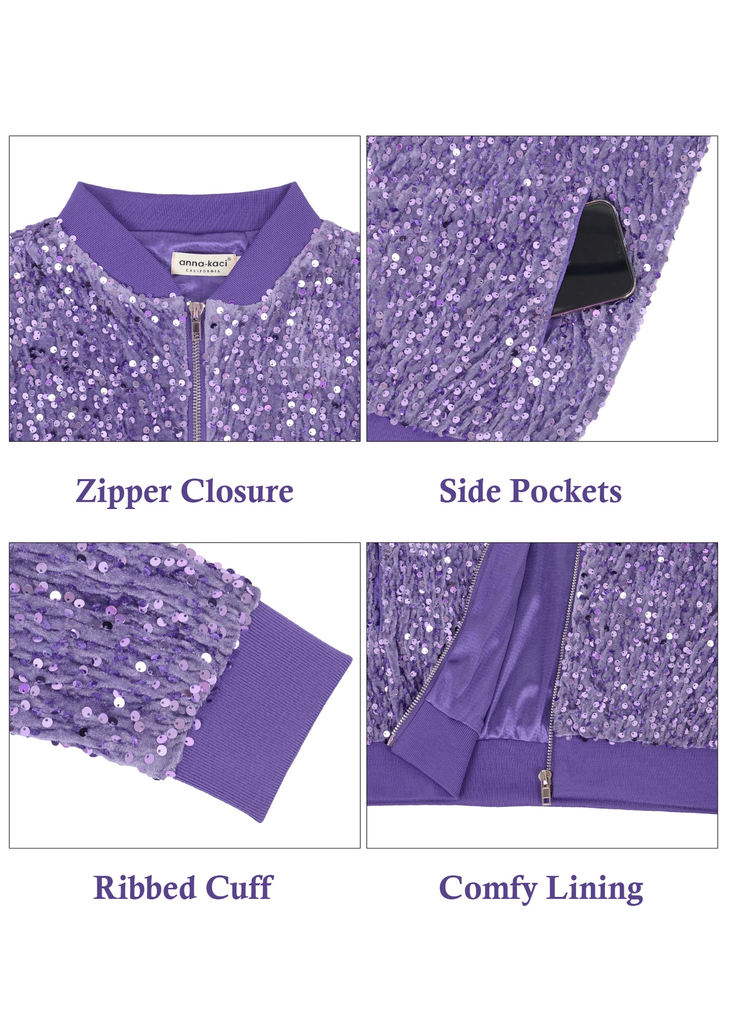 Anna-Kaci Womens Sparkly Sequin Jacket Zipper Long Sleeve Glitter Sequin Bomber Jacket with Pockets