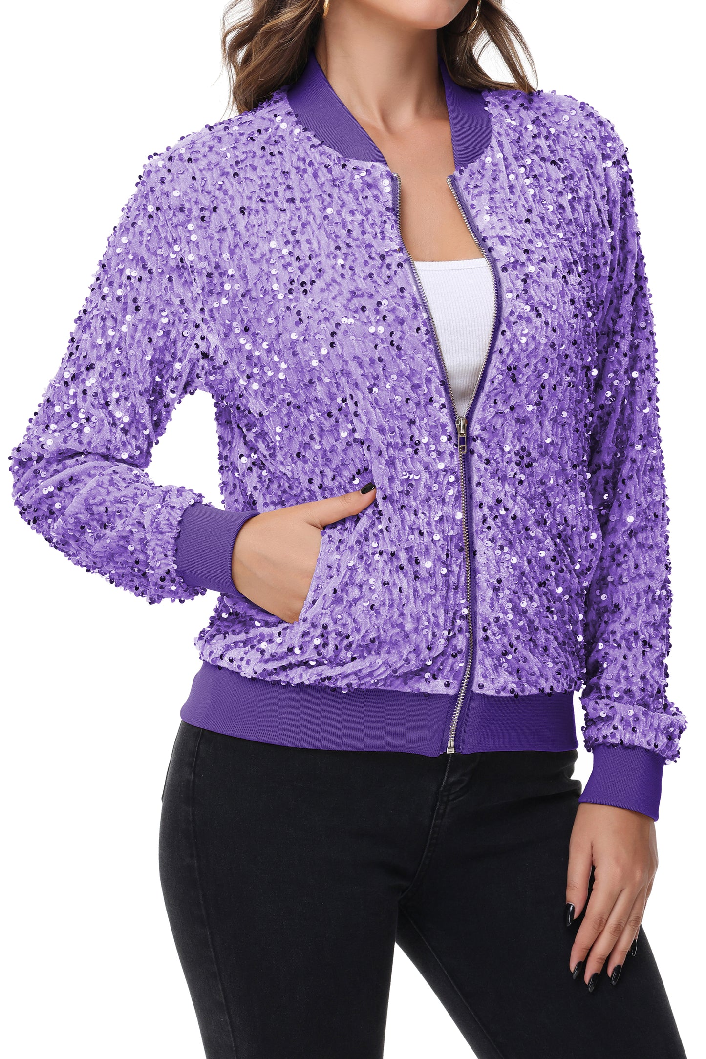 Anna-Kaci Womens Sparkly Sequin Jacket Zipper Long Sleeve Glitter Sequin Bomber Jacket with Pockets