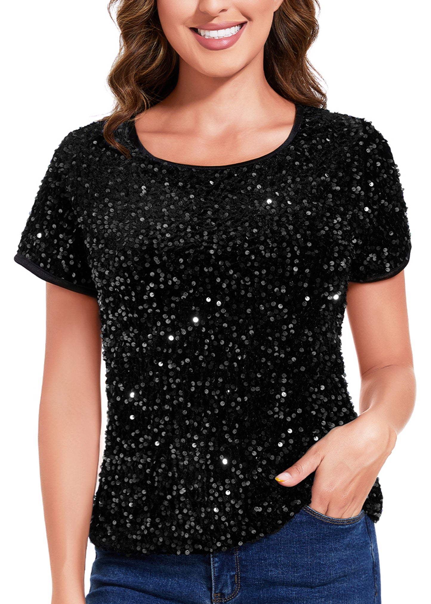 Anna-Kaci Womens Sparkly Sequin Velvet Tops Short Sleeve Crew Neck Shirt Party Club Blouse