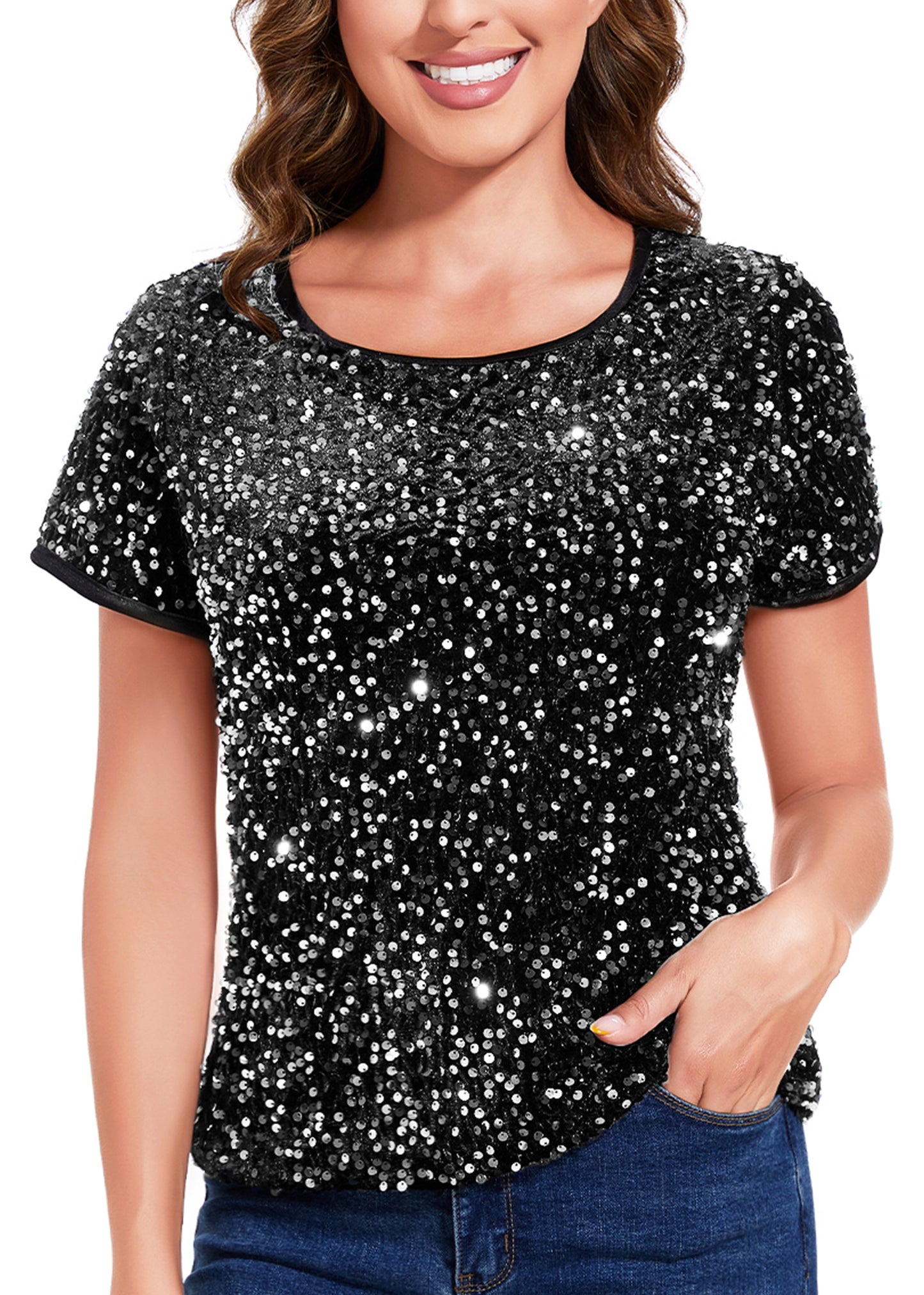 Anna-Kaci Womens Sparkly Sequin Velvet Tops Short Sleeve Crew Neck Shirt Party Club Blouse