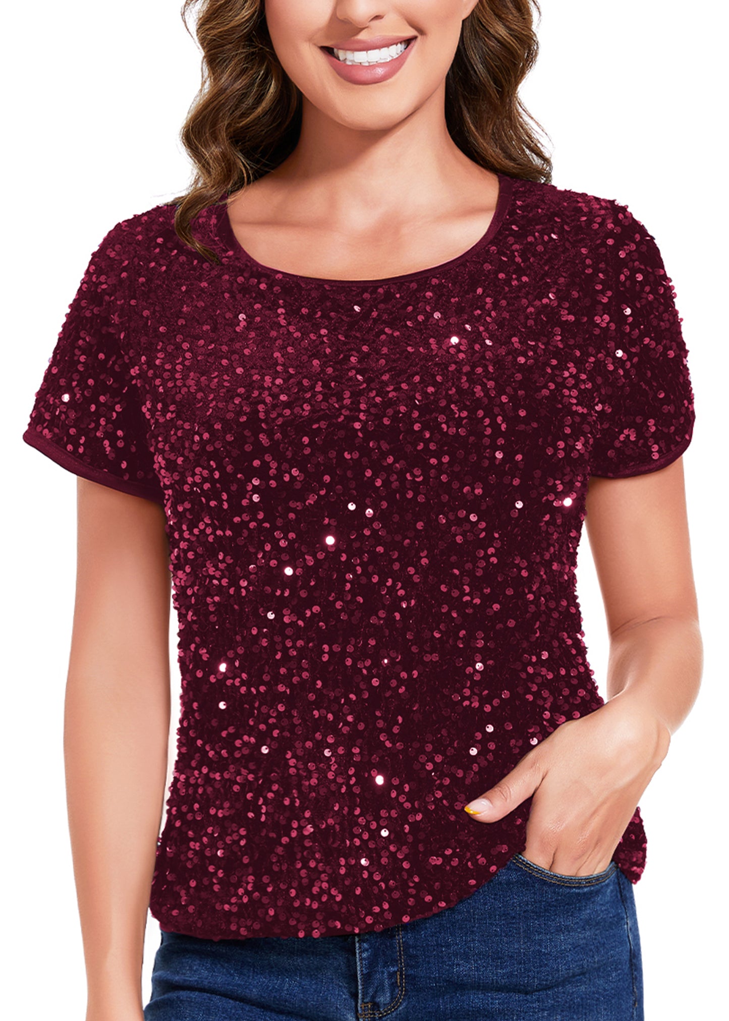 Anna-Kaci Womens Sparkly Sequin Velvet Tops Short Sleeve Crew Neck Shirt Party Club Blouse