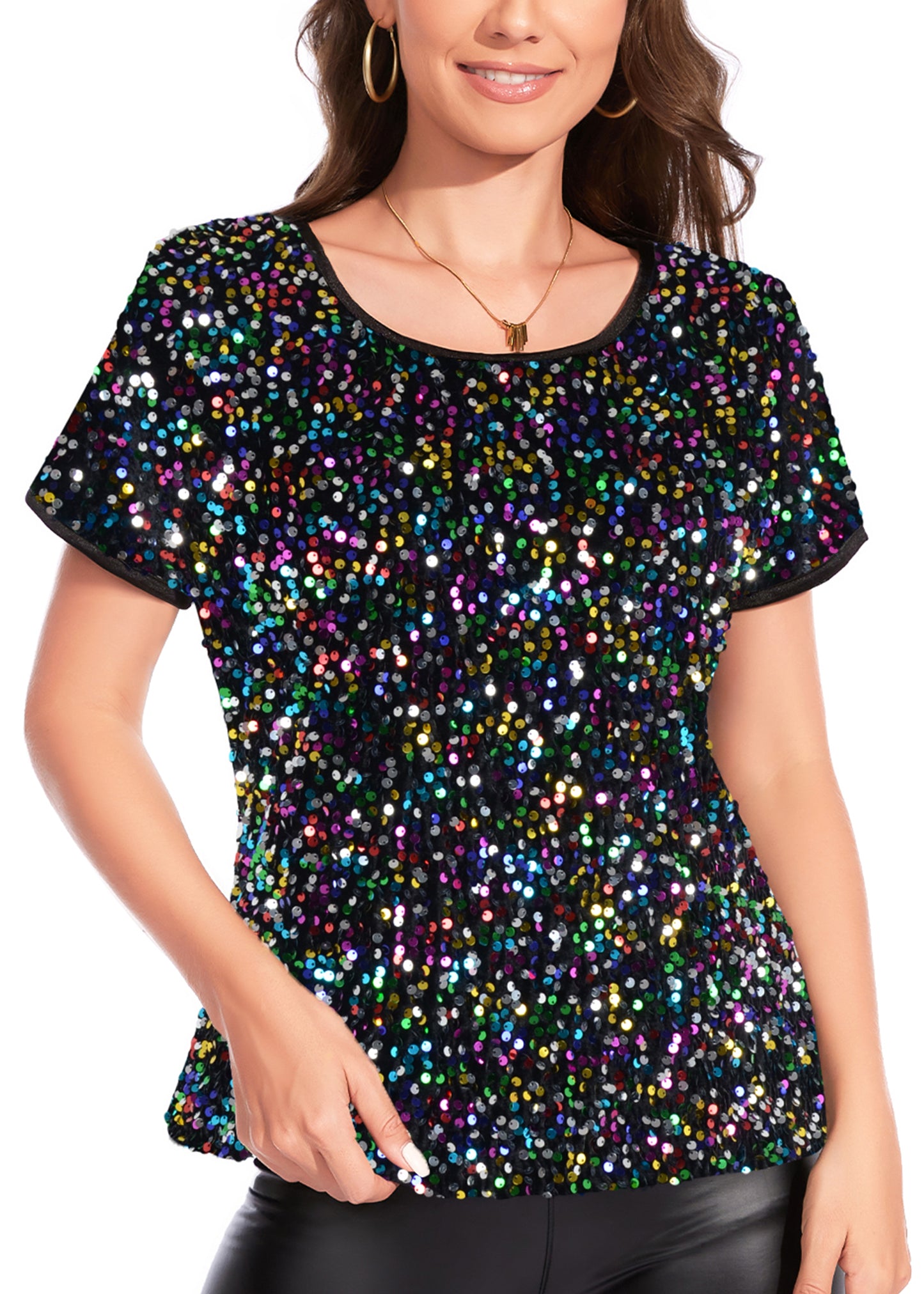 Anna-Kaci Womens Sparkly Sequin Velvet Tops Short Sleeve Crew Neck Shirt Party Club Blouse