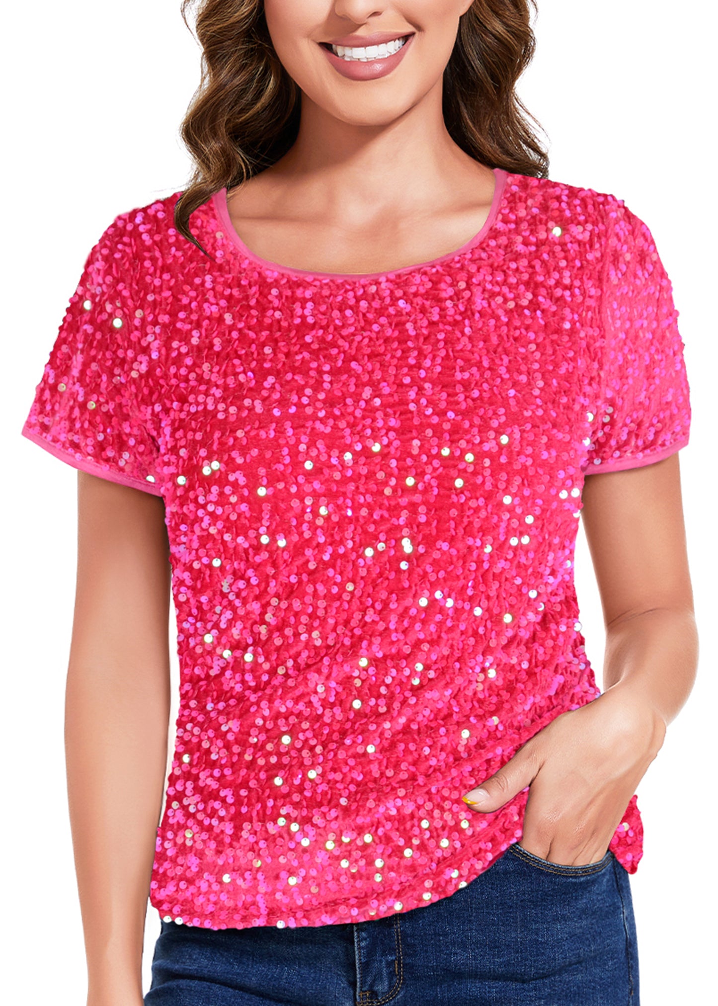 Anna-Kaci Womens Sparkly Sequin Velvet Tops Short Sleeve Crew Neck Shirt Party Club Blouse