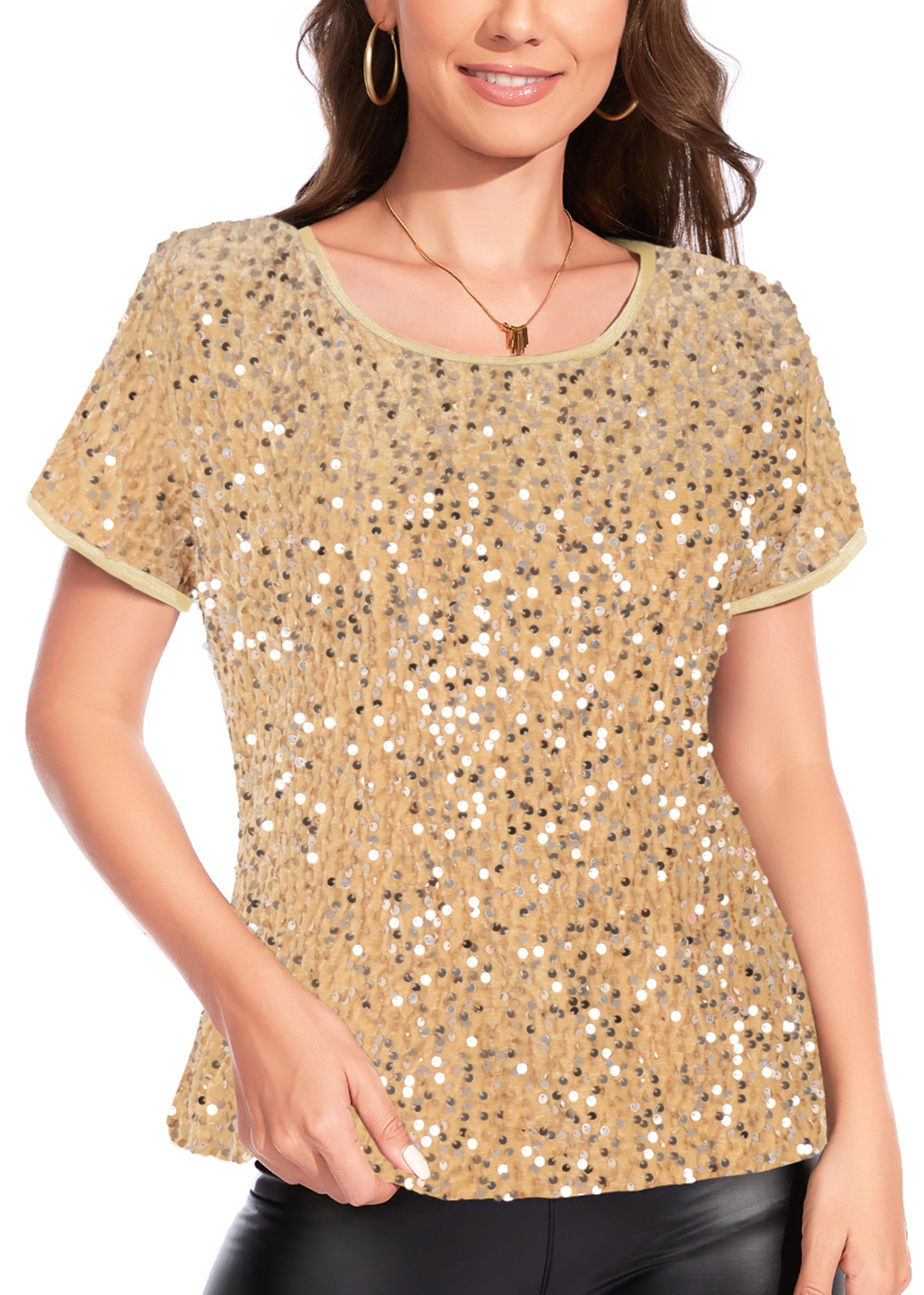 Anna-Kaci Womens Sparkly Sequin Velvet Tops Short Sleeve Crew Neck Shirt Party Club Blouse