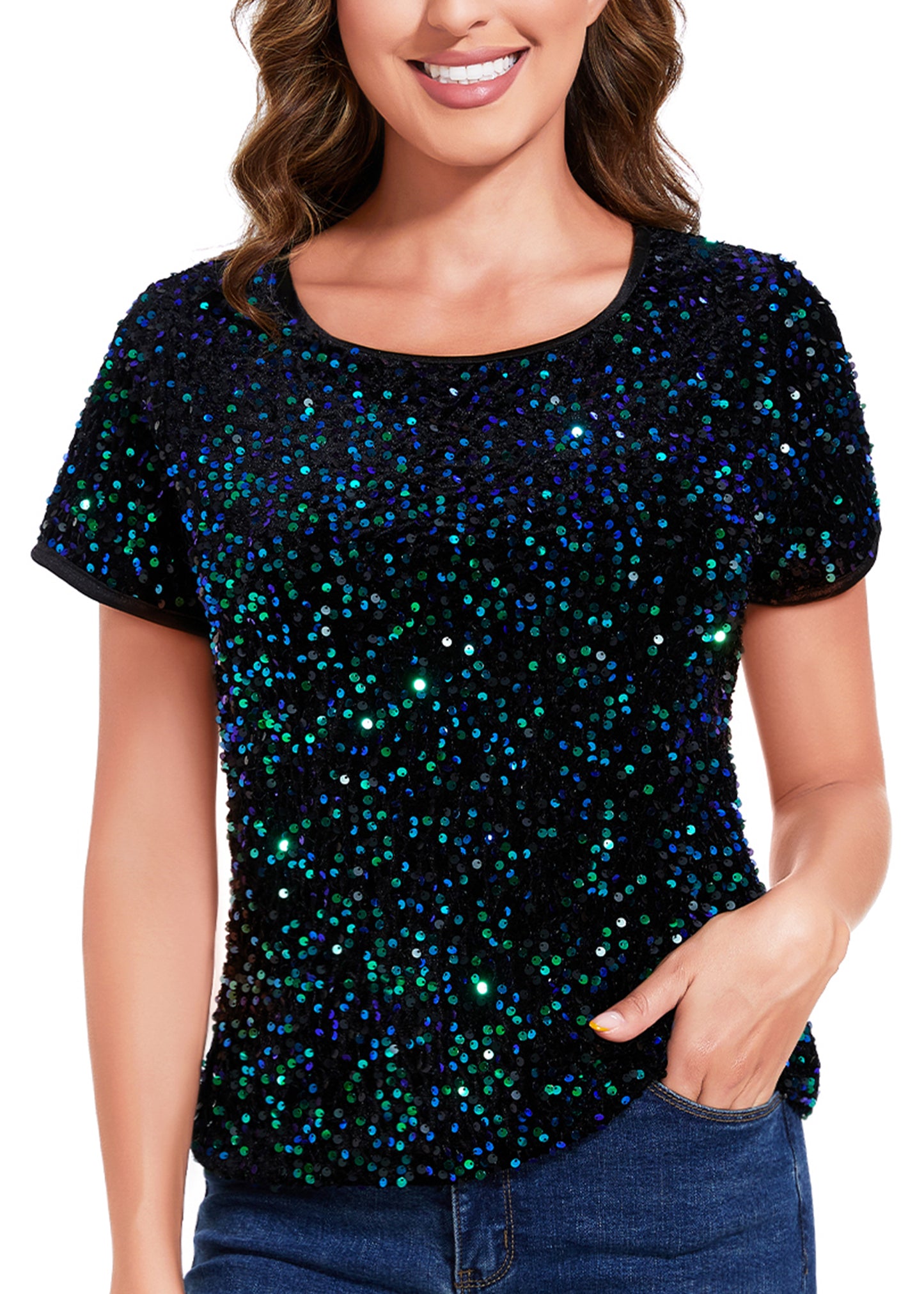Anna-Kaci Womens Sparkly Sequin Velvet Tops Short Sleeve Crew Neck Shirt Party Club Blouse