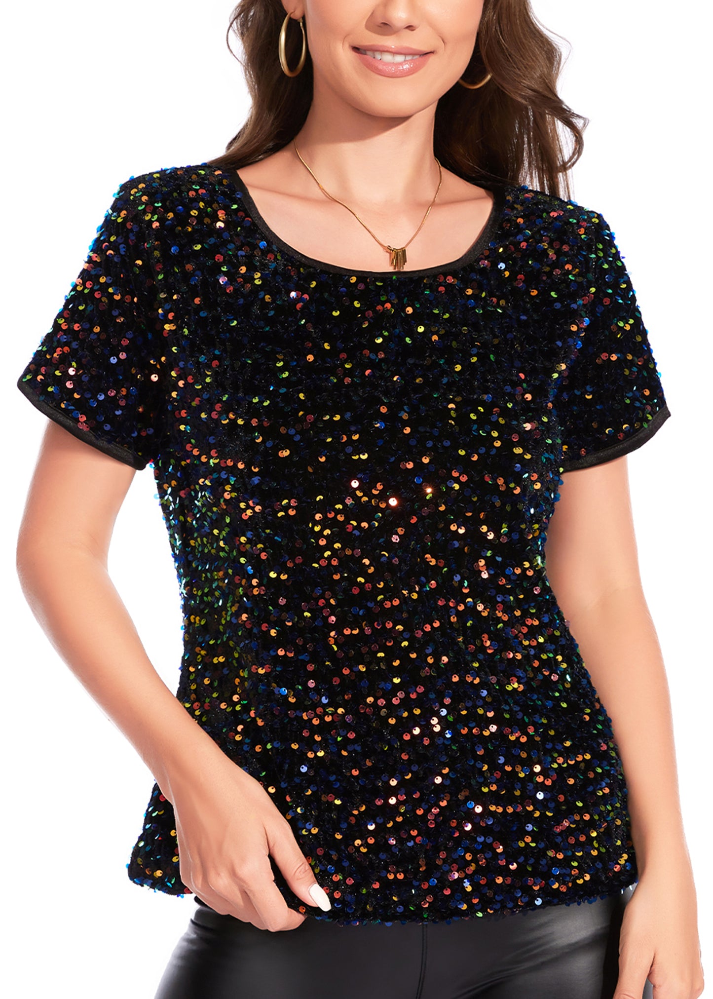 Anna-Kaci Womens Sparkly Sequin Velvet Tops Short Sleeve Crew Neck Shirt Party Club Blouse
