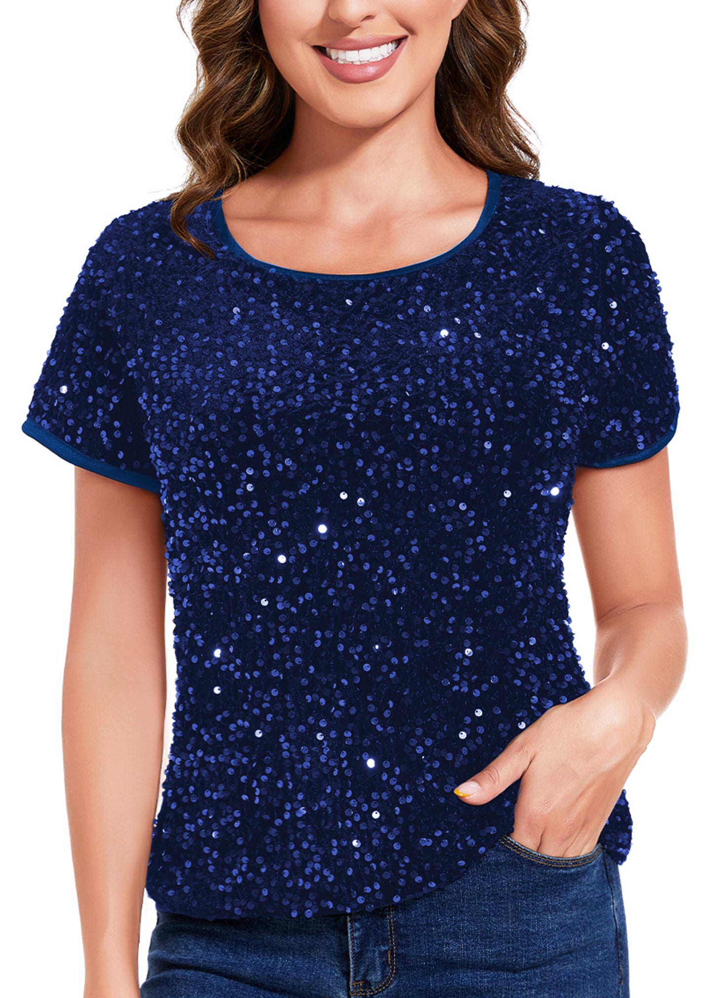 Anna-Kaci Womens Sparkly Sequin Velvet Tops Short Sleeve Crew Neck Shirt Party Club Blouse