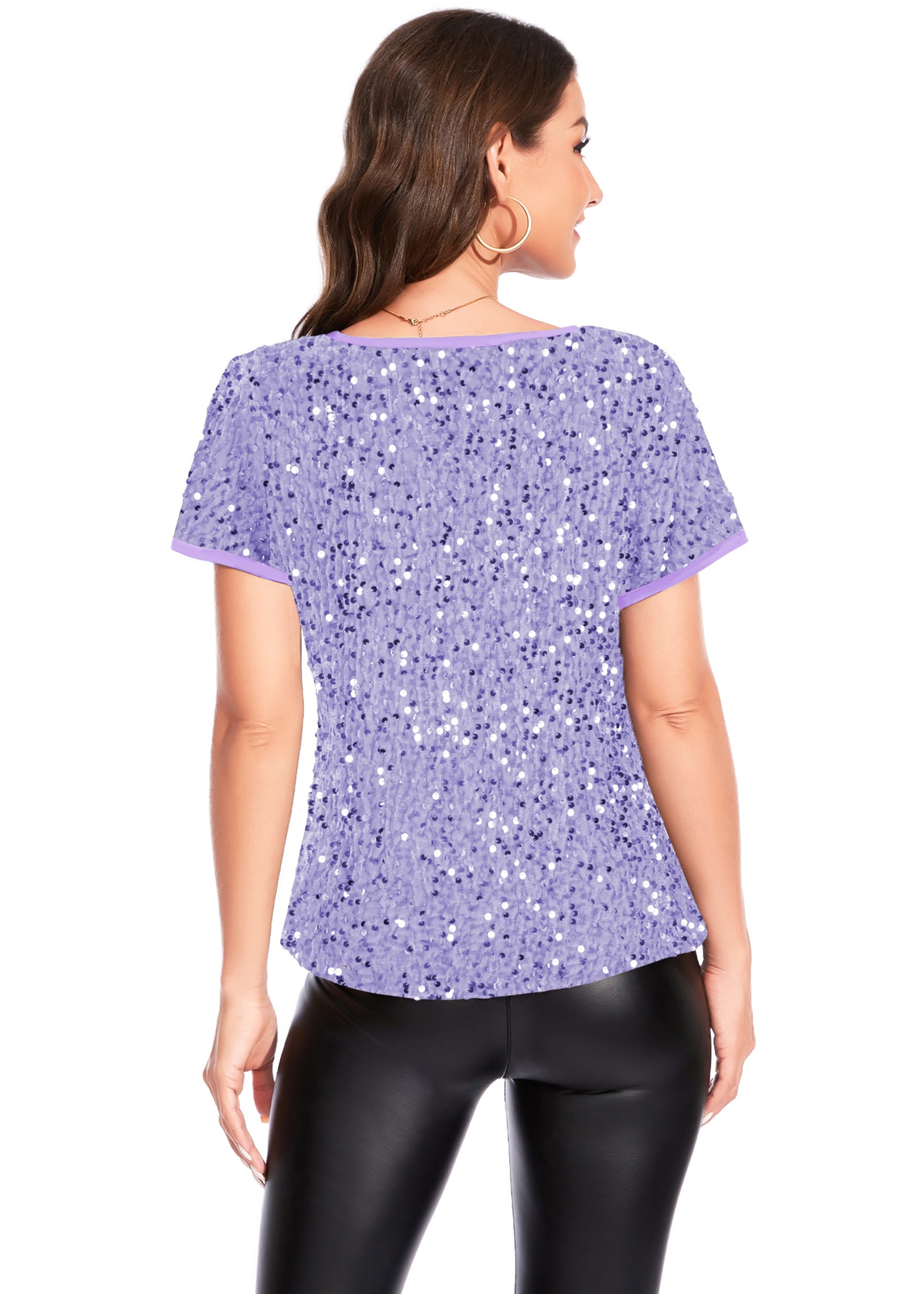 Anna-Kaci Womens Sparkly Sequin Velvet Tops Short Sleeve Crew Neck Shirt Party Club Blouse