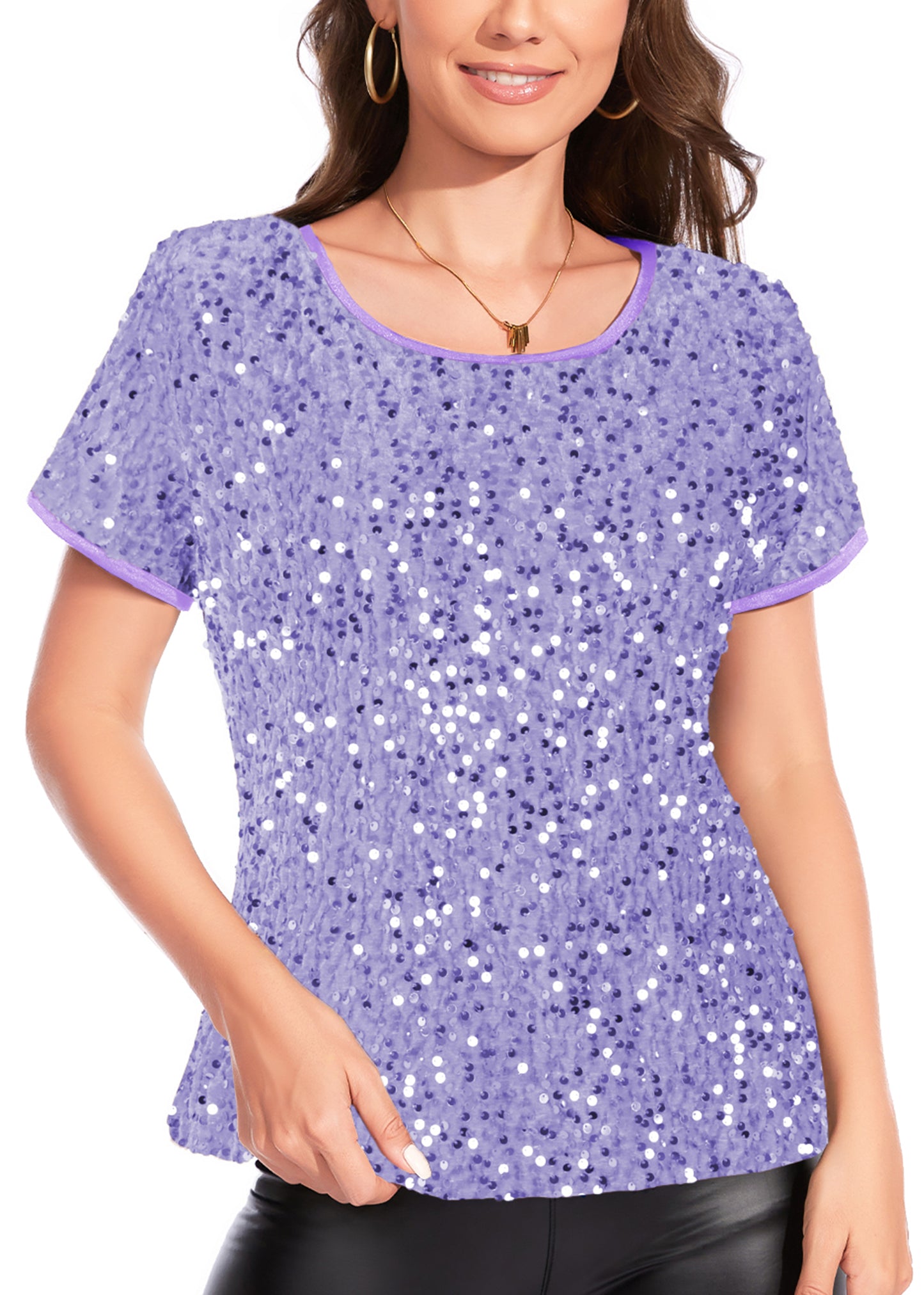 Anna-Kaci Womens Sparkly Sequin Velvet Tops Short Sleeve Crew Neck Shirt Party Club Blouse