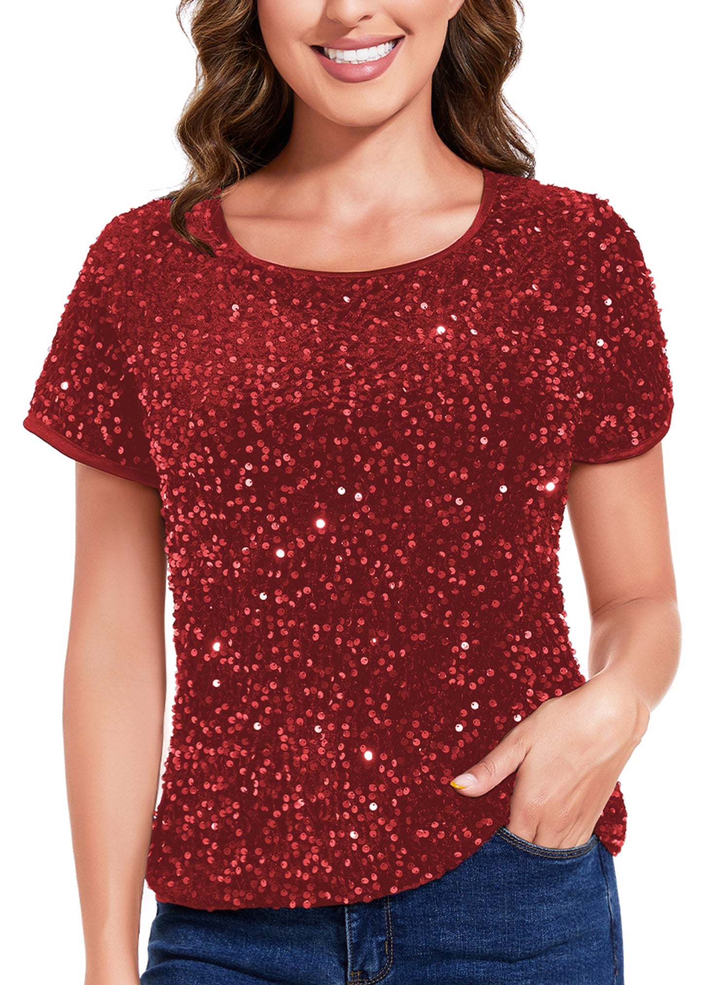 Anna-Kaci Womens Sparkly Sequin Velvet Tops Short Sleeve Crew Neck Shirt Party Club Blouse