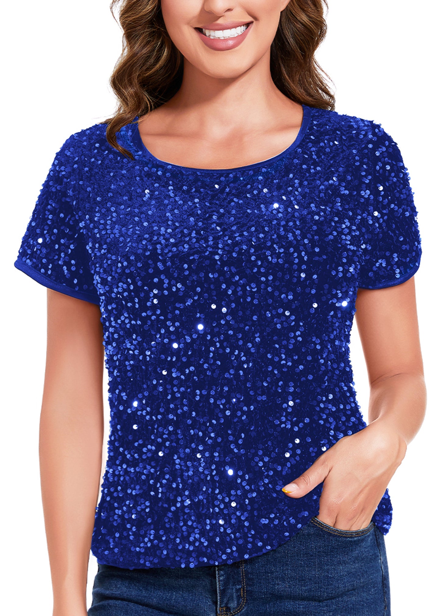 Anna-Kaci Womens Sparkly Sequin Velvet Tops Short Sleeve Crew Neck Shirt Party Club Blouse