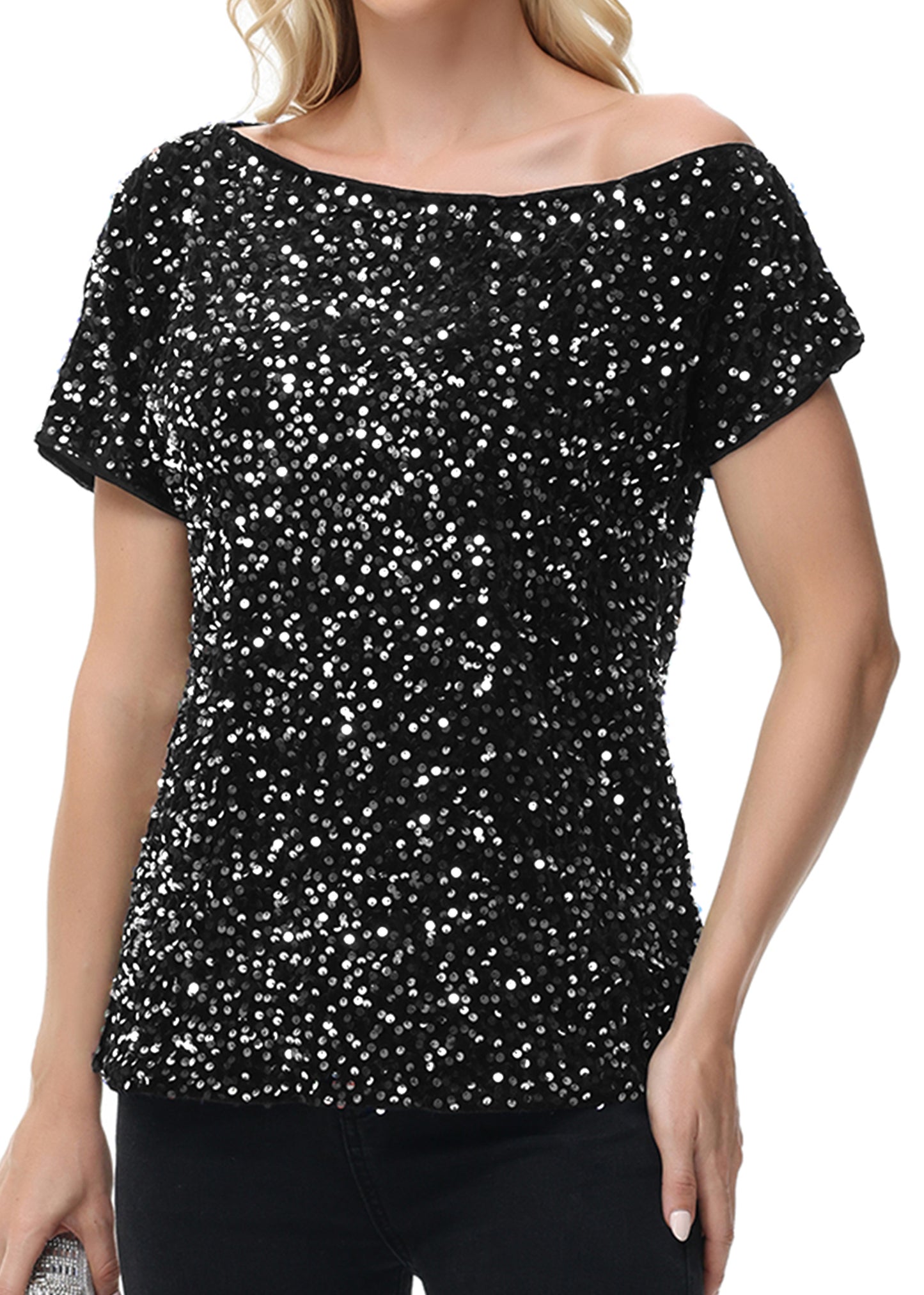 Anna-Kaci Women's Sequin One Shoulder Short Sleeve Top Party Club Sparkle Glitter Concert Tunic Blouse