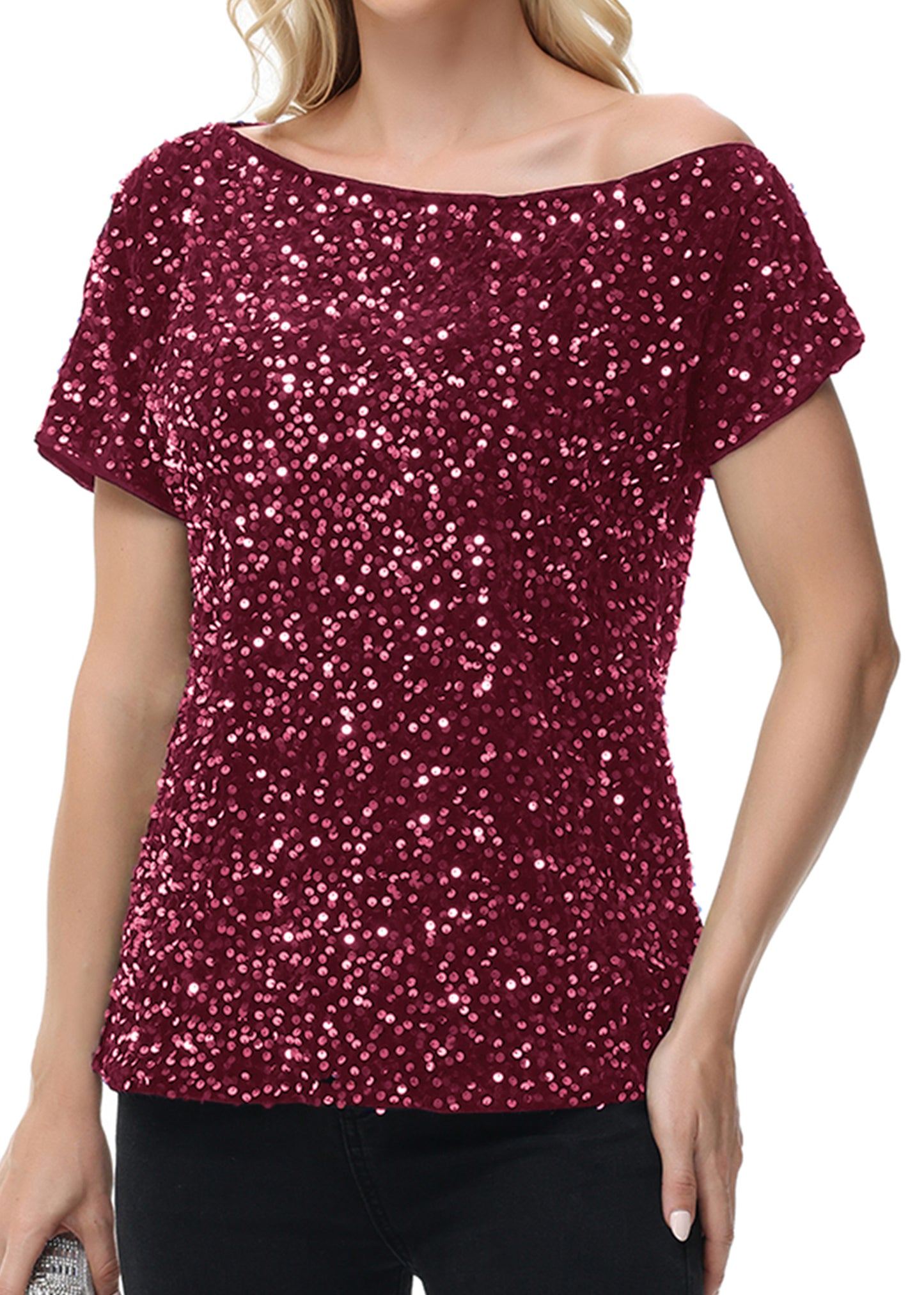 Anna-Kaci Women's Sequin One Shoulder Short Sleeve Top Party Club Sparkle Glitter Concert Tunic Blouse