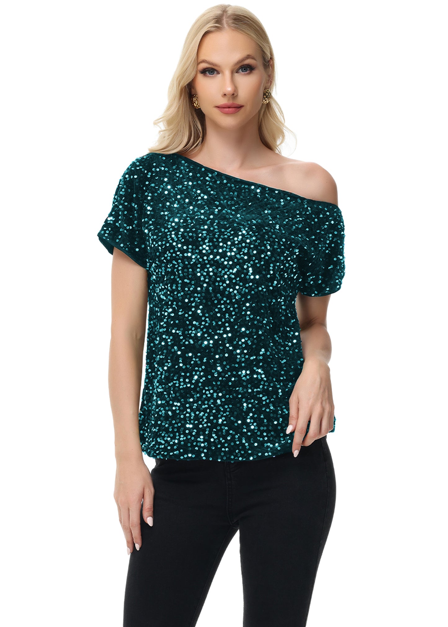 Anna-Kaci Women's Sequin One Shoulder Short Sleeve Top Party Club Sparkle Glitter Concert Tunic Blouse