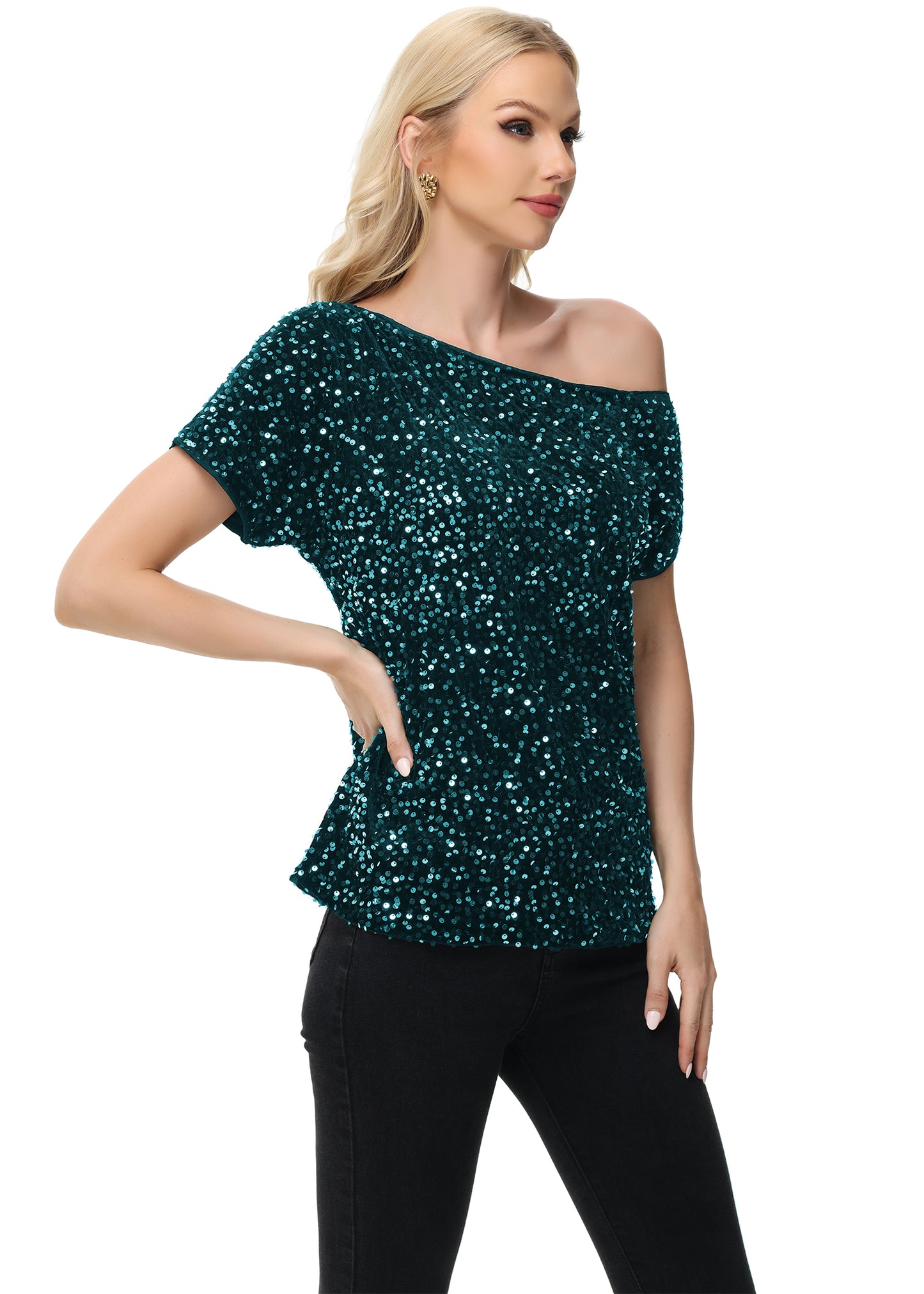 Anna-Kaci Women's Sequin One Shoulder Short Sleeve Top Party Club Sparkle Glitter Concert Tunic Blouse