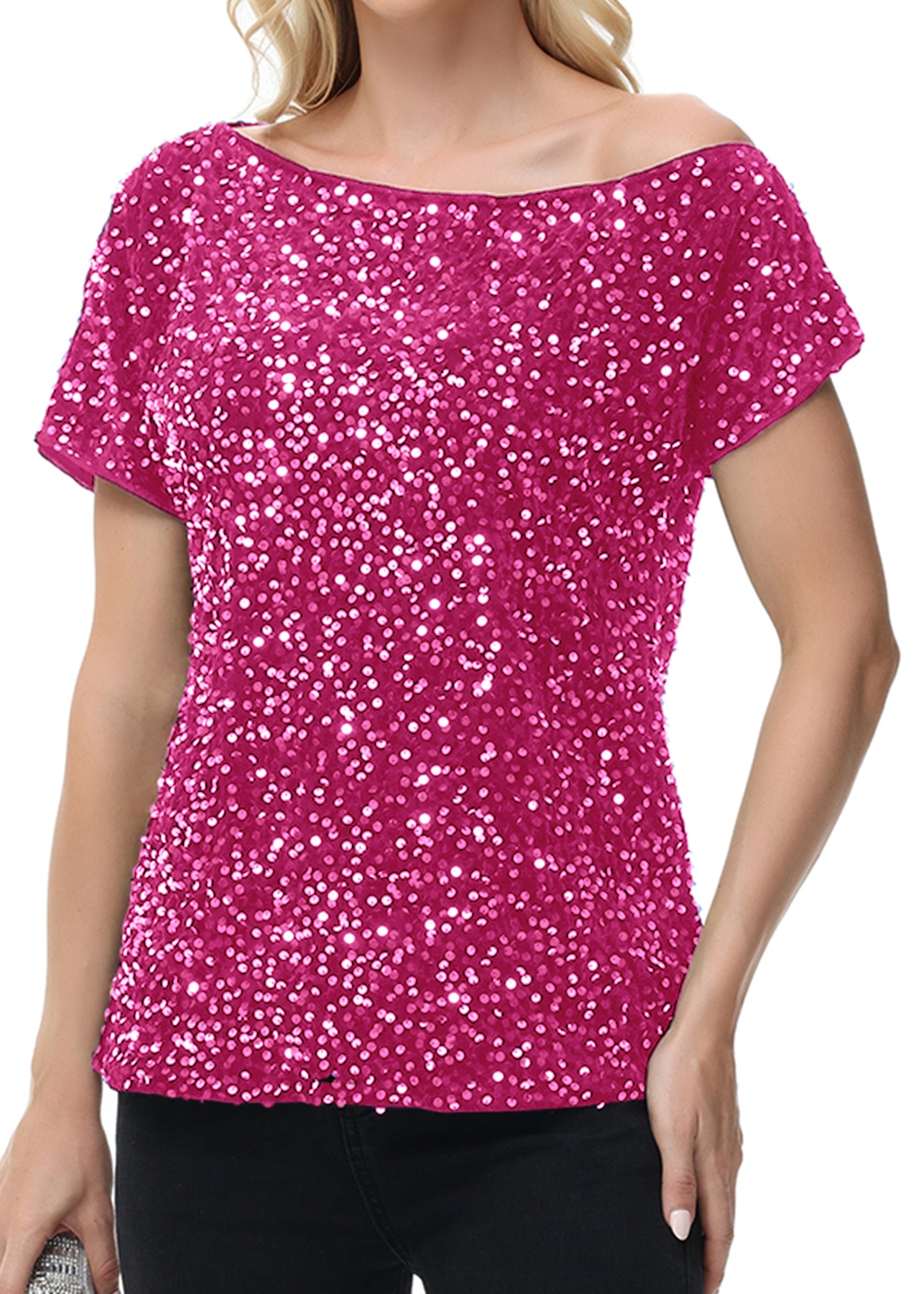 Anna-Kaci Women's Sequin One Shoulder Short Sleeve Top Party Club Sparkle Glitter Concert Tunic Blouse