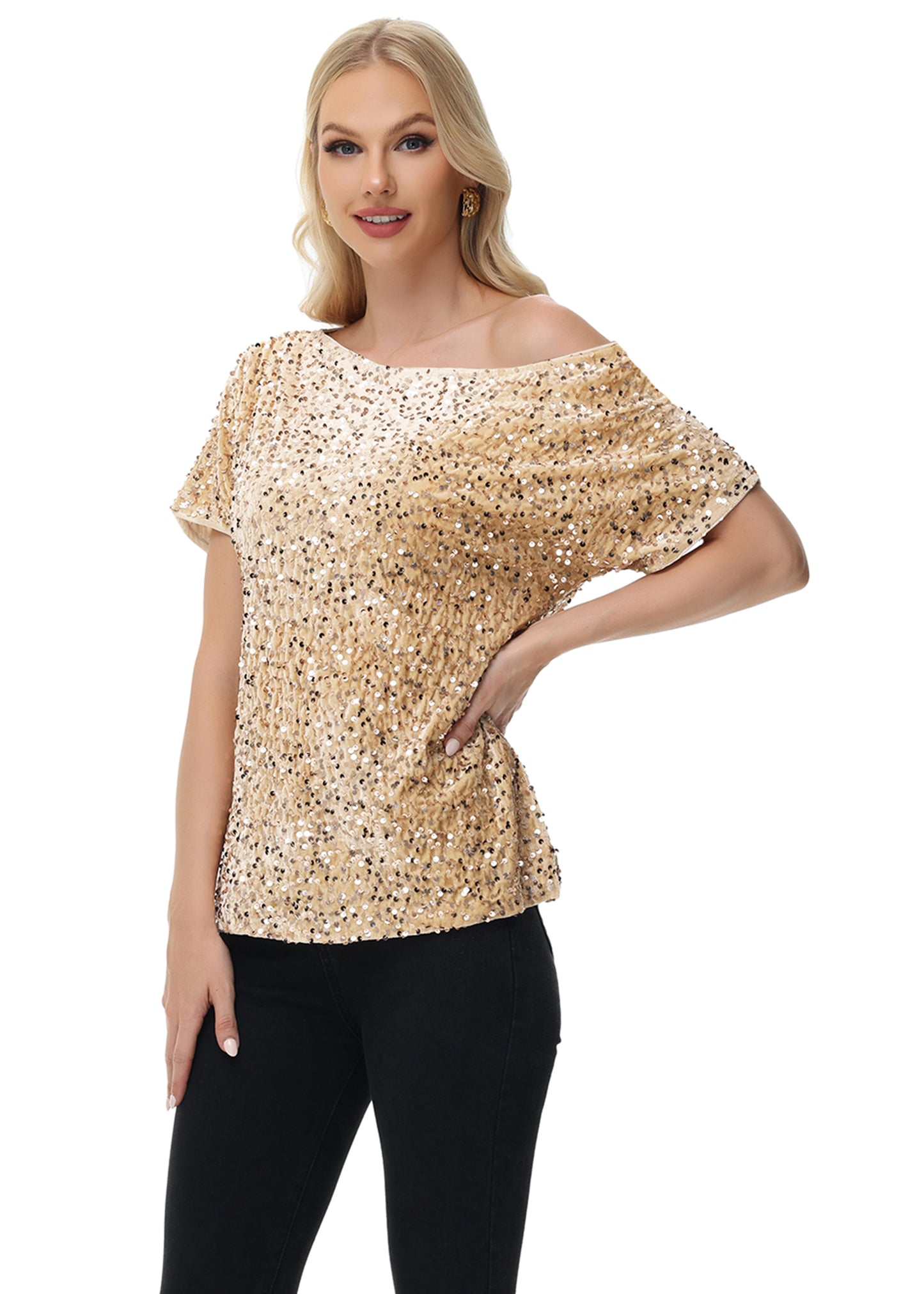 Anna-Kaci Women's Sequin One Shoulder Short Sleeve Top Party Club Sparkle Glitter Concert Tunic Blouse