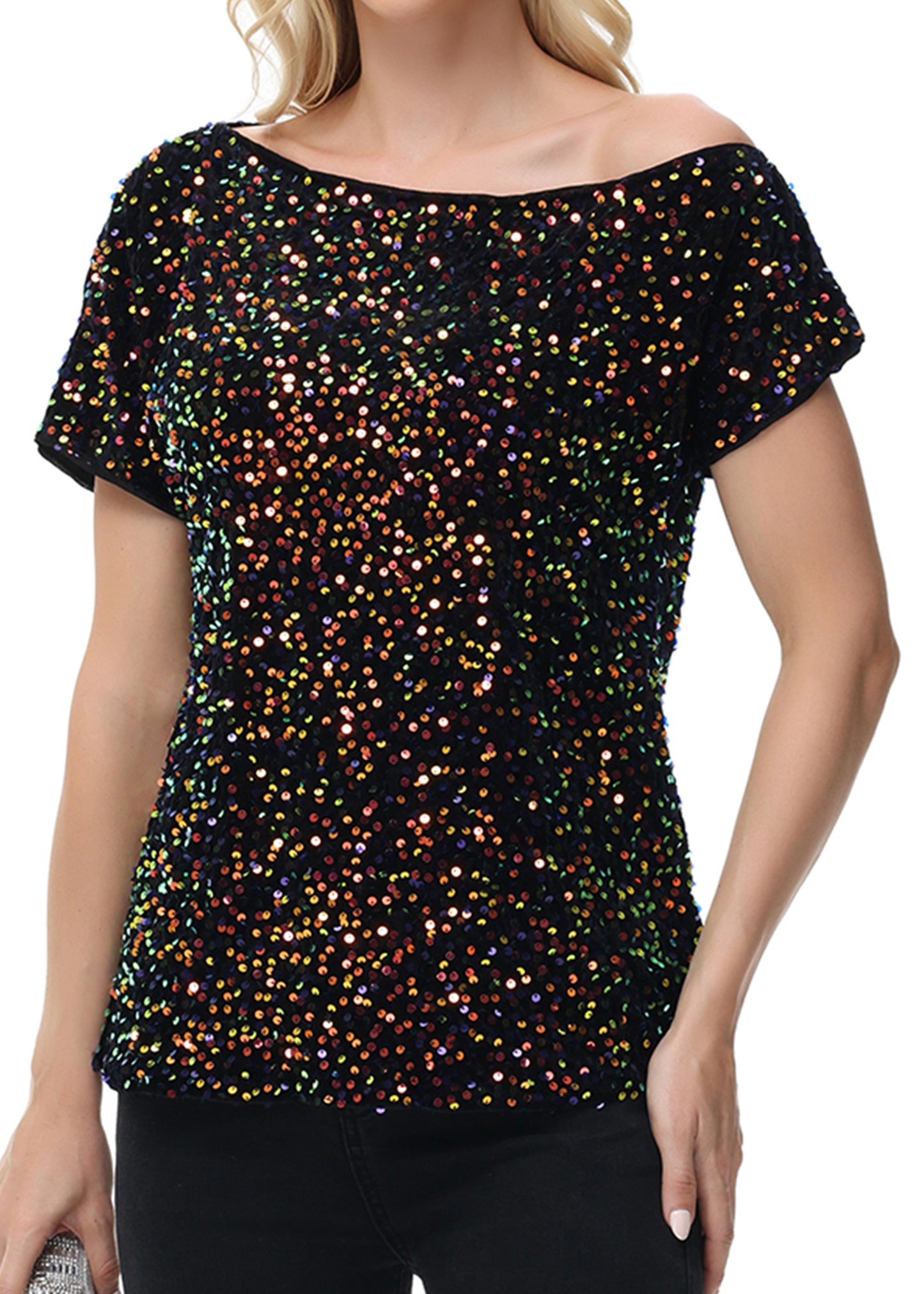 Anna-Kaci Women's Sequin One Shoulder Short Sleeve Top Party Club Sparkle Glitter Concert Tunic Blouse