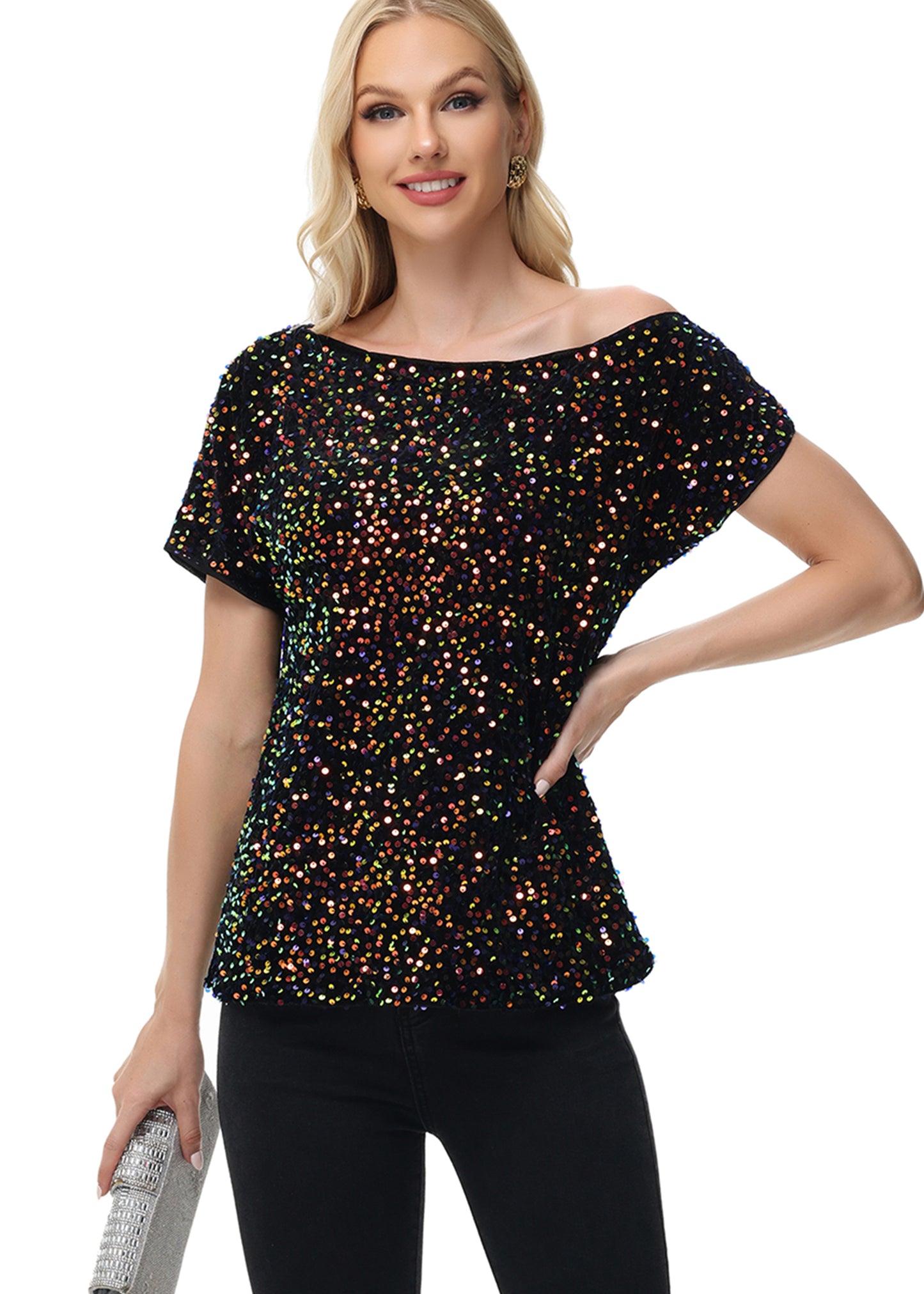 Anna-Kaci Women's Sequin One Shoulder Short Sleeve Top Party Club Sparkle Glitter Concert Tunic Blouse