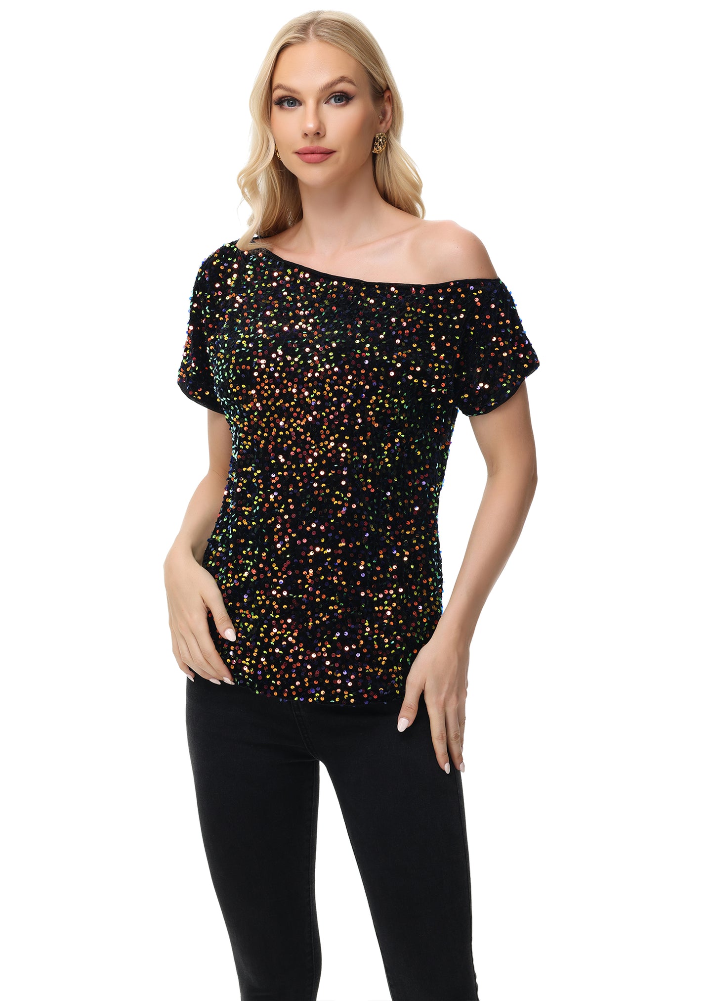 Anna-Kaci Women's Sequin One Shoulder Short Sleeve Top Party Club Sparkle Glitter Concert Tunic Blouse
