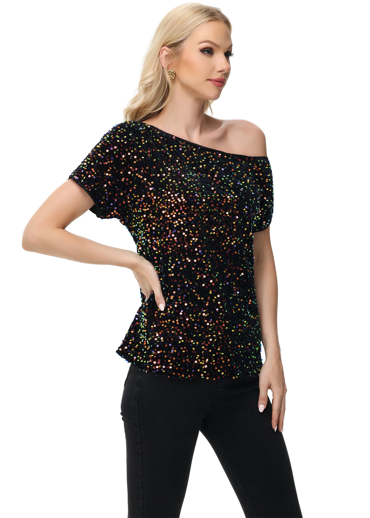 Anna-Kaci Women's Sequin One Shoulder Short Sleeve Top Party Club Sparkle Glitter Concert Tunic Blouse