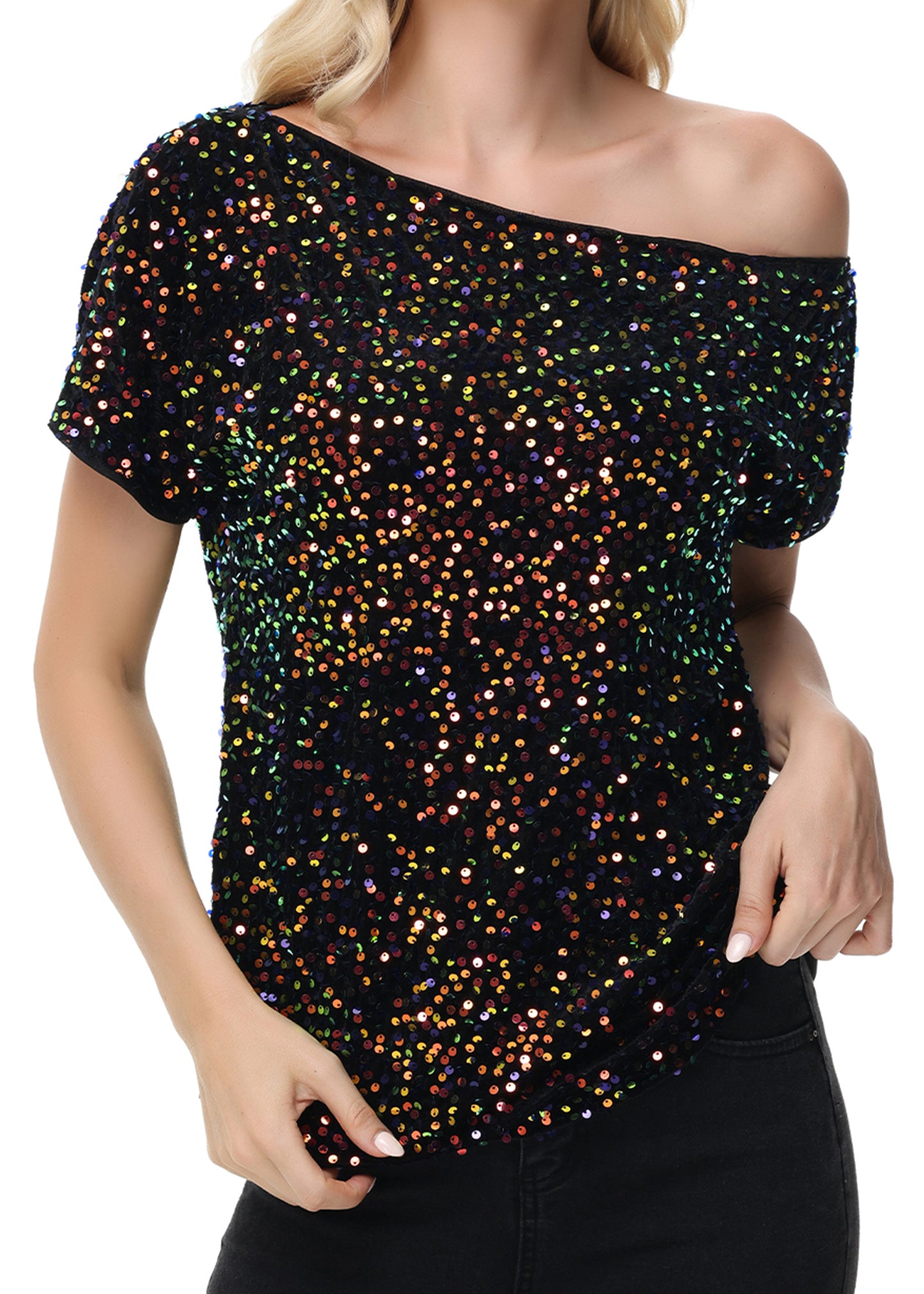 Anna-Kaci Women's Sequin One Shoulder Short Sleeve Top Party Club Sparkle Glitter Concert Tunic Blouse