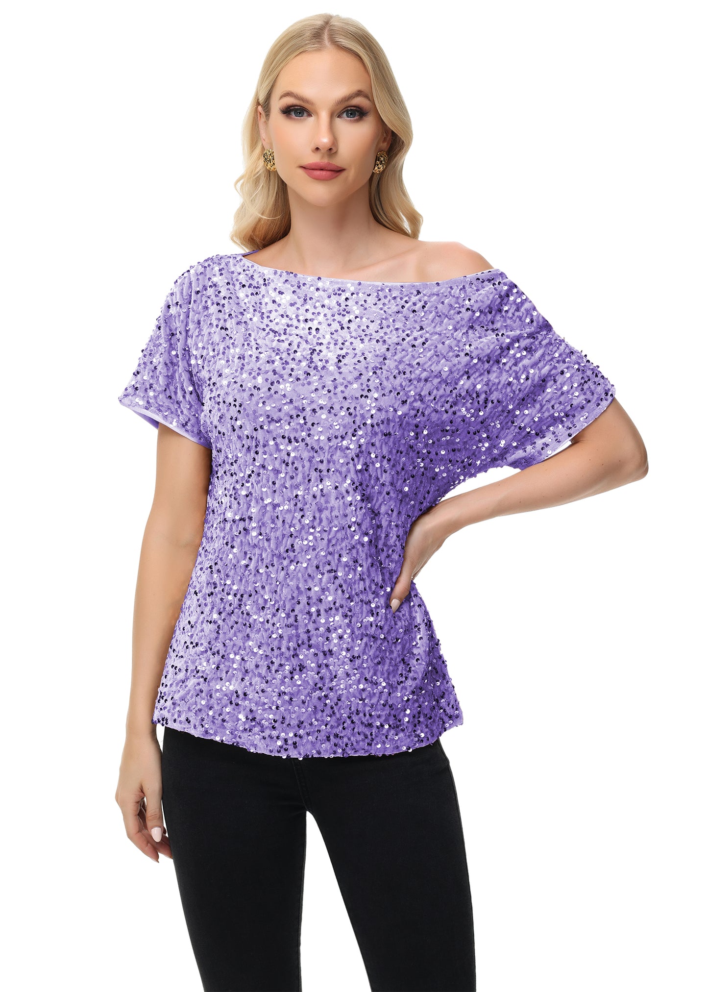Anna-Kaci Women's Sequin One Shoulder Short Sleeve Top Party Club Sparkle Glitter Concert Tunic Blouse