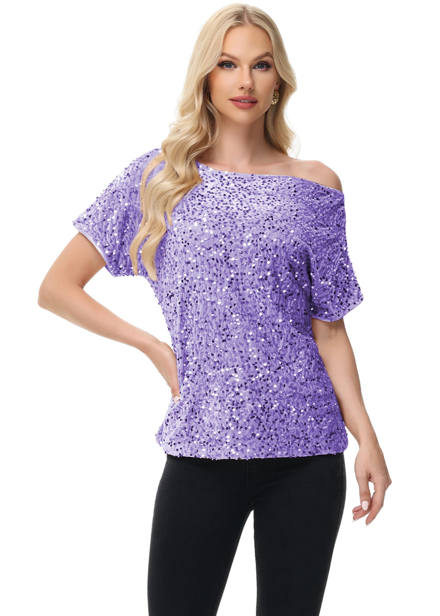Anna-Kaci Women's Sequin One Shoulder Short Sleeve Top Party Club Sparkle Glitter Concert Tunic Blouse
