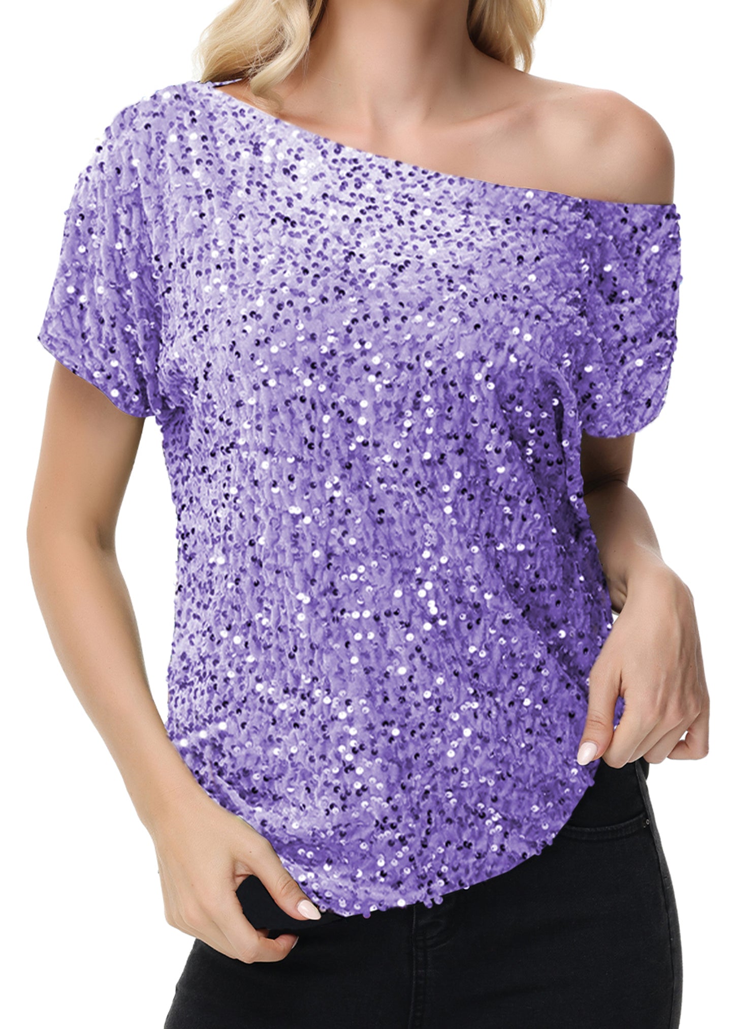 Anna-Kaci Women's Sequin One Shoulder Short Sleeve Top Party Club Sparkle Glitter Concert Tunic Blouse