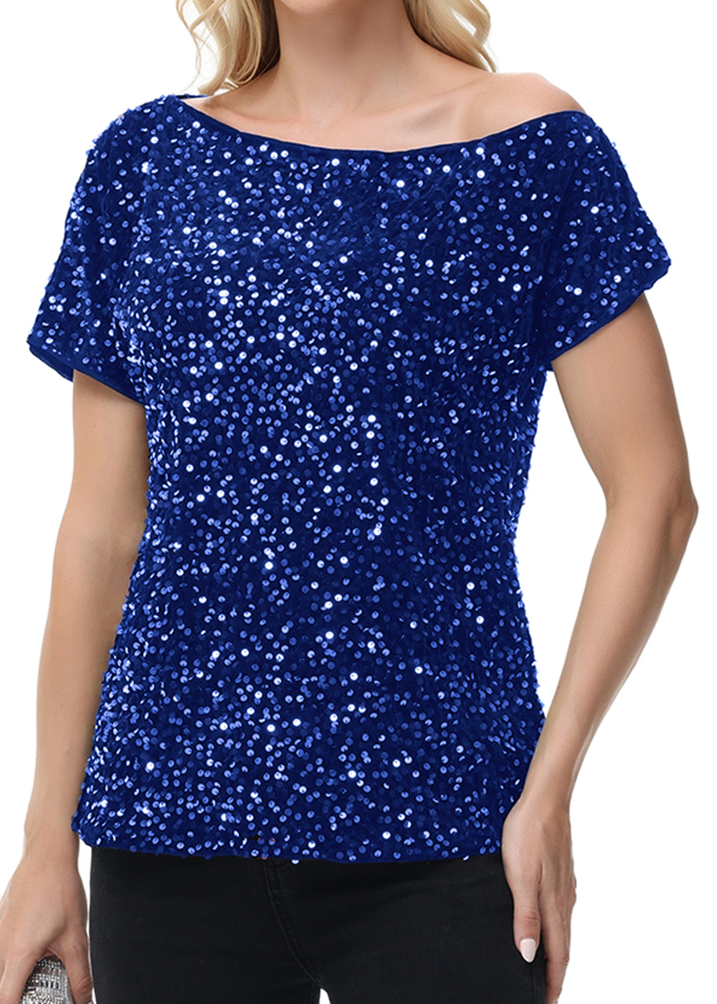 Anna-Kaci Women's Sequin One Shoulder Short Sleeve Top Party Club Sparkle Glitter Concert Tunic Blouse