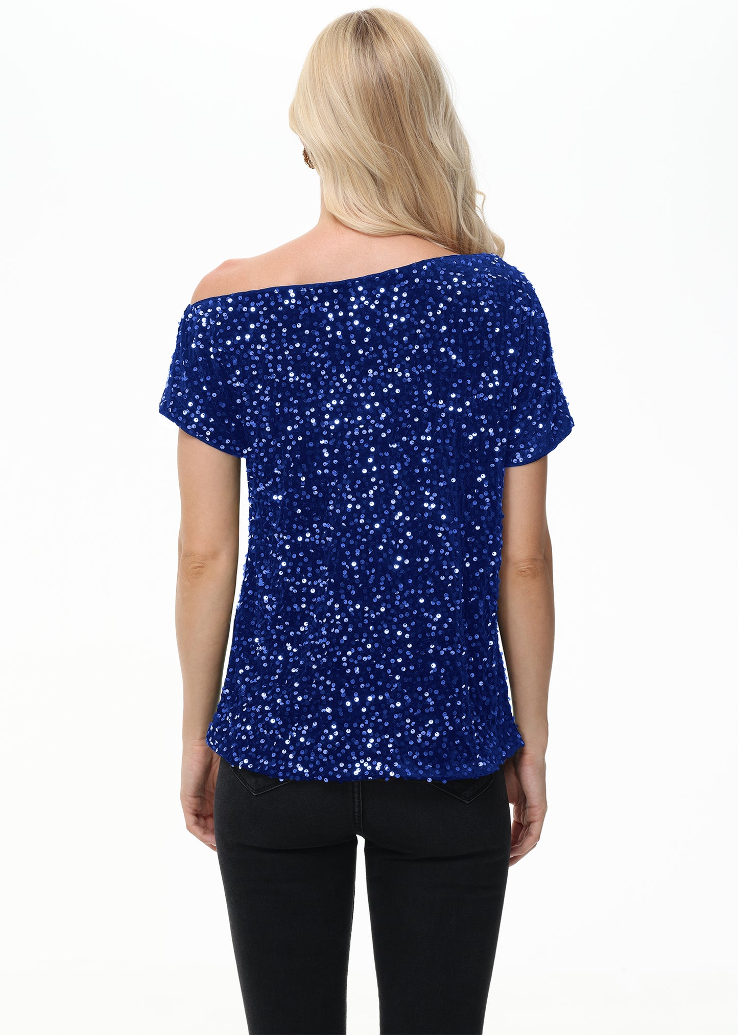 Anna-Kaci Women's Sequin One Shoulder Short Sleeve Top Party Club Sparkle Glitter Concert Tunic Blouse