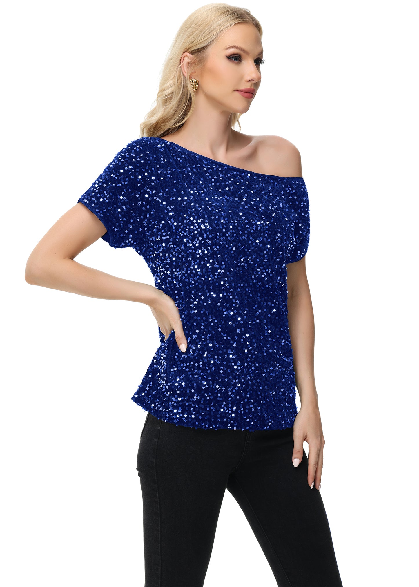 Anna-Kaci Women's Sequin One Shoulder Short Sleeve Top Party Club Sparkle Glitter Concert Tunic Blouse