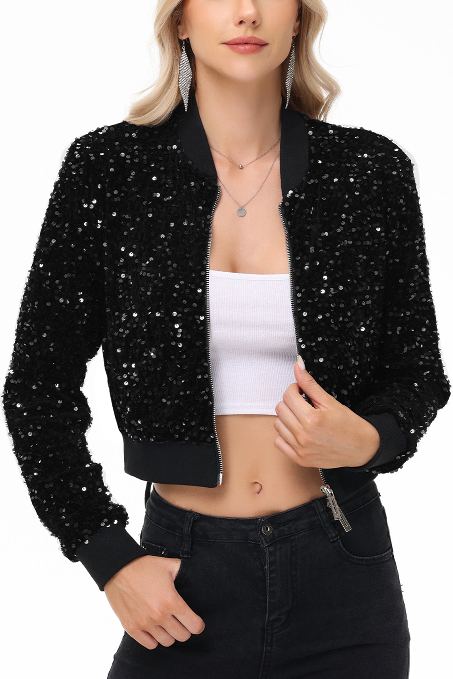 Anna-Kaci Womens Sparkly Sequin Jacket Cropped Two-Way-Zipper Glitter Party Club Bomber Jacket
