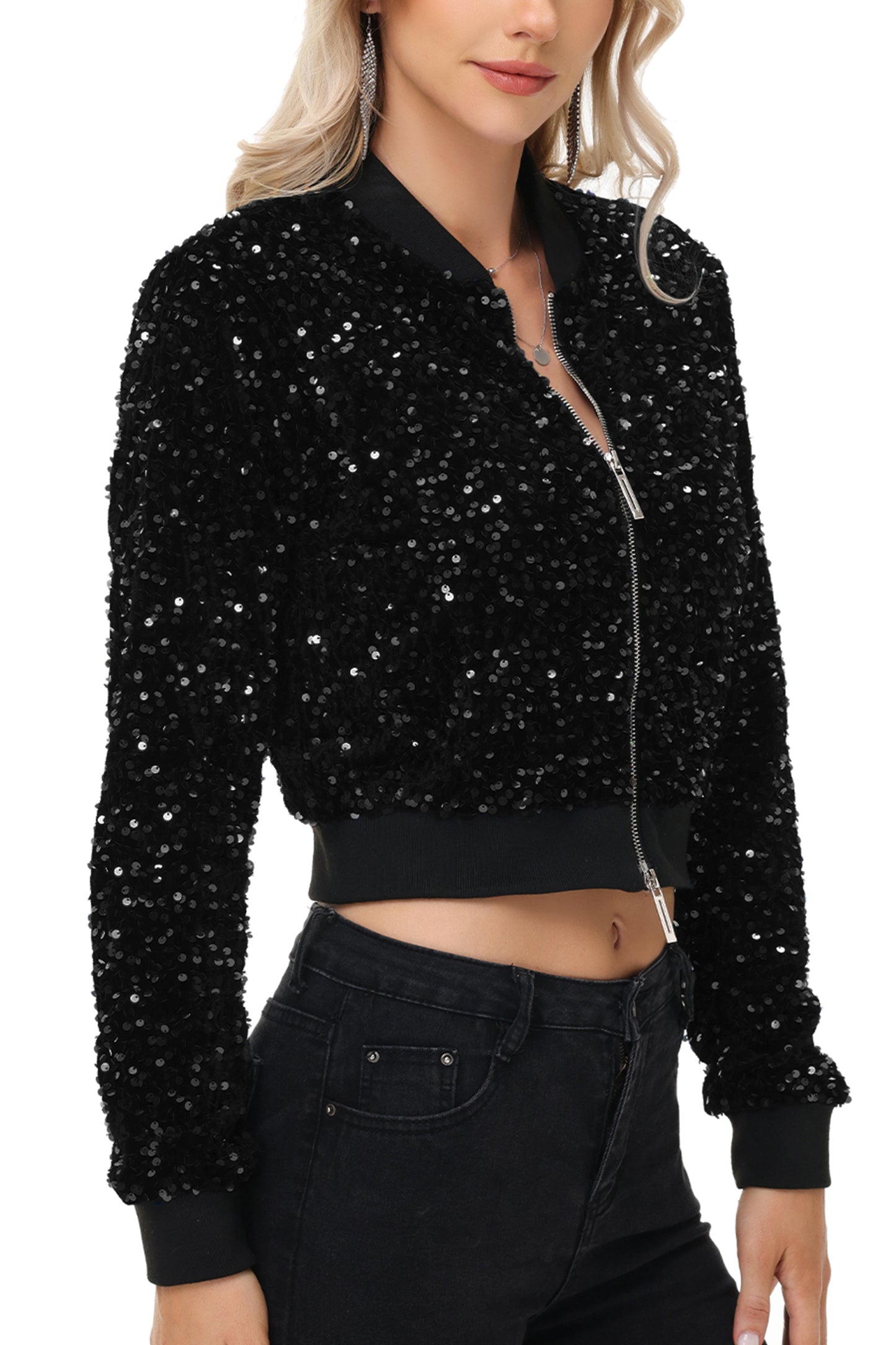 Anna-Kaci Womens Sparkly Sequin Jacket Cropped Two-Way-Zipper Glitter Party Club Bomber Jacket