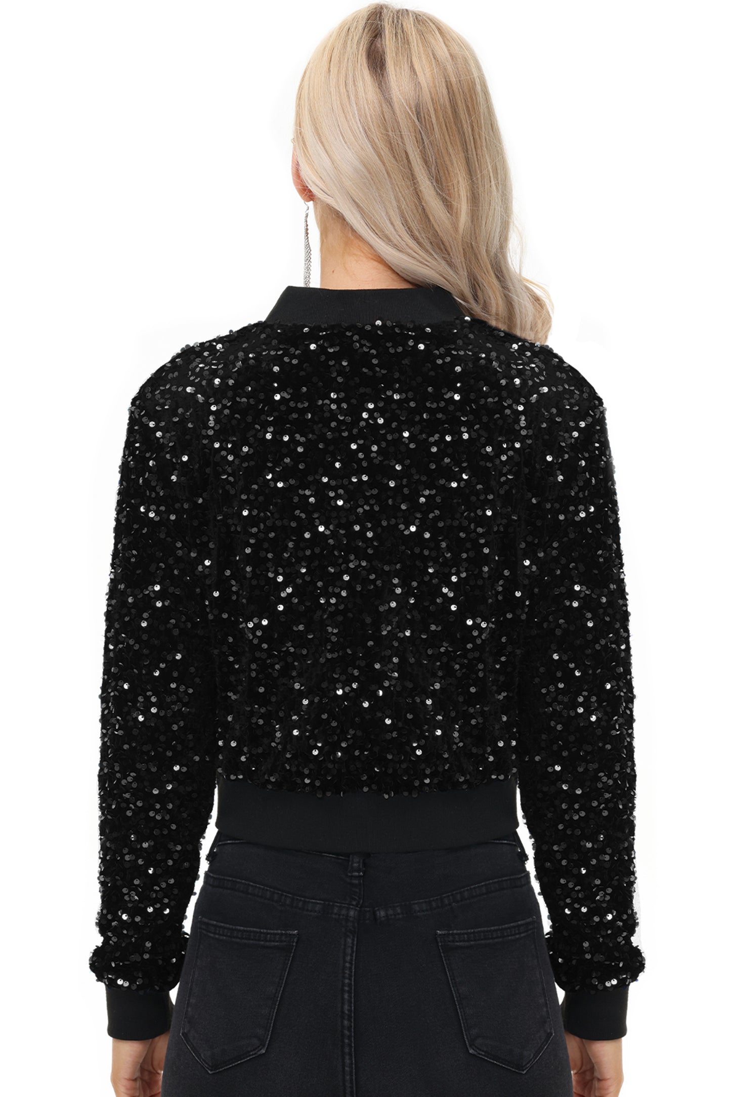 Anna-Kaci Womens Sparkly Sequin Jacket Cropped Two-Way-Zipper Glitter Party Club Bomber Jacket