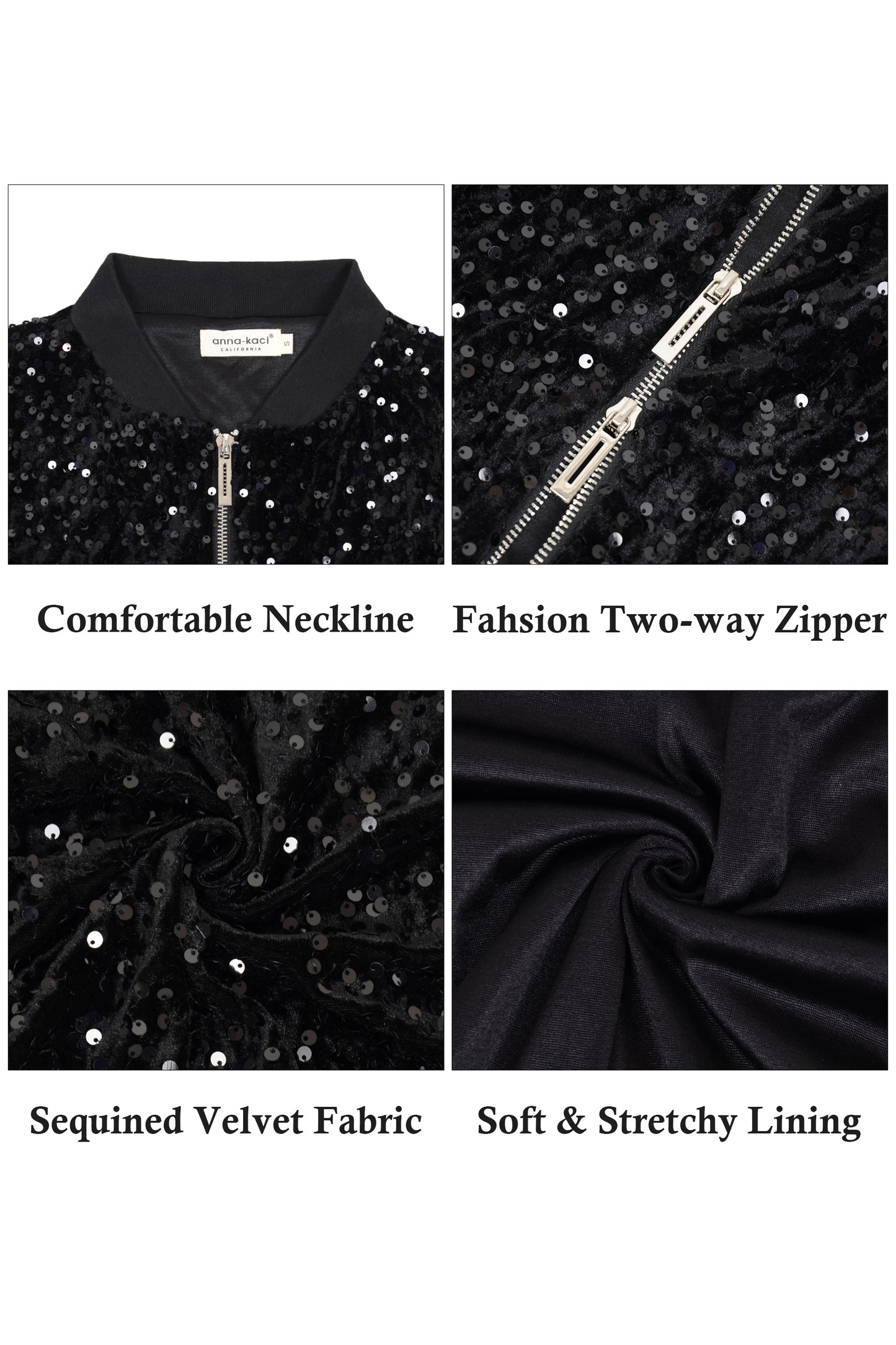Anna-Kaci Womens Sparkly Sequin Jacket Cropped Two-Way-Zipper Glitter Party Club Bomber Jacket