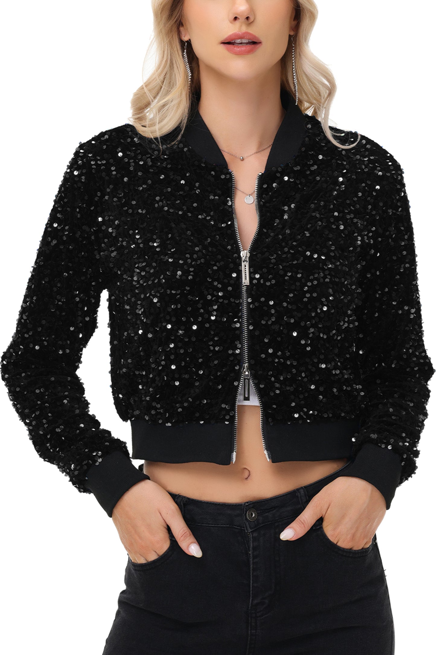 Anna-Kaci Womens Sparkly Sequin Jacket Cropped Two-Way-Zipper Glitter Party Club Bomber Jacket