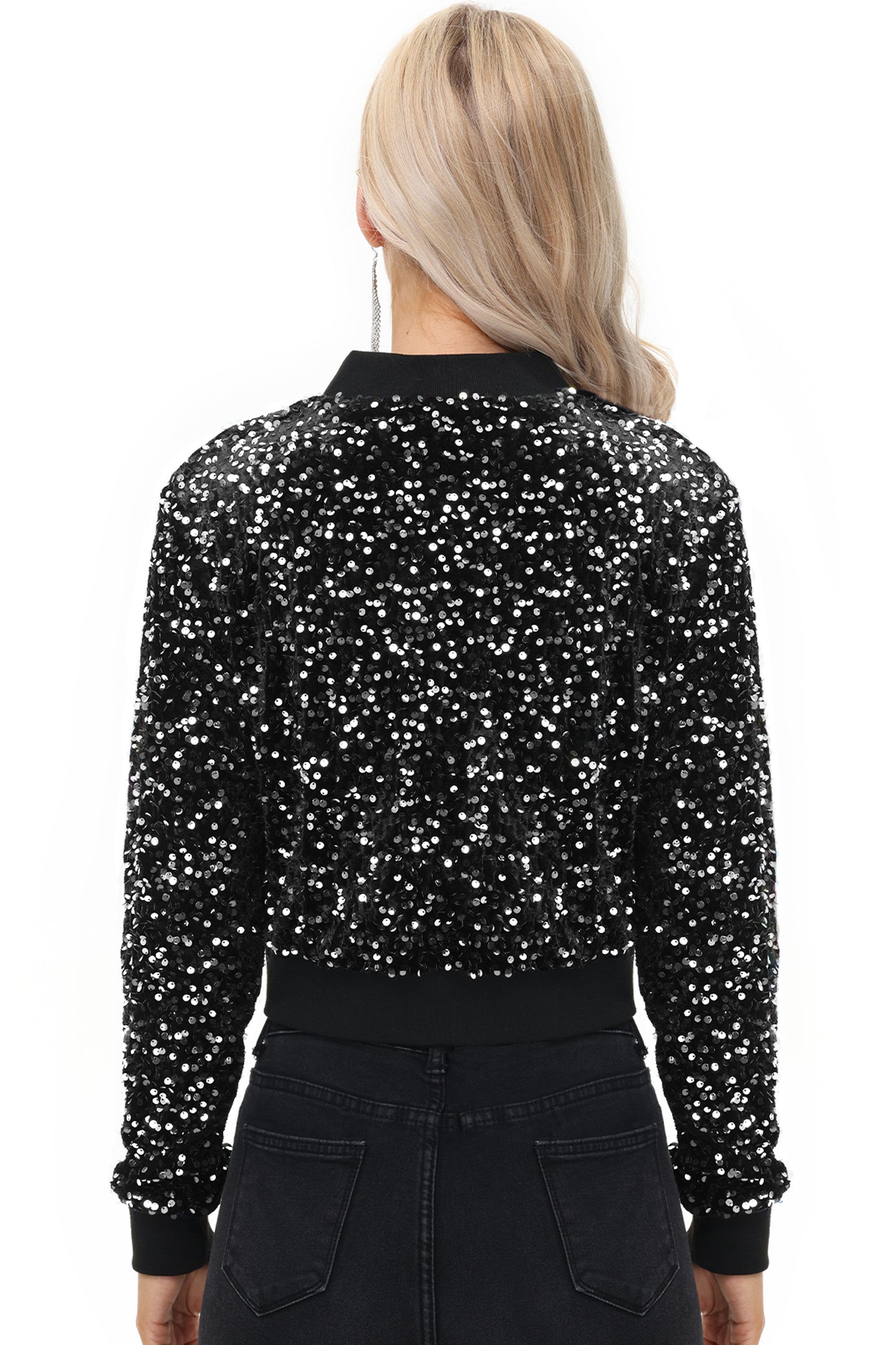 Anna-Kaci Womens Sparkly Sequin Jacket Cropped Two-Way-Zipper Glitter Party Club Bomber Jacket