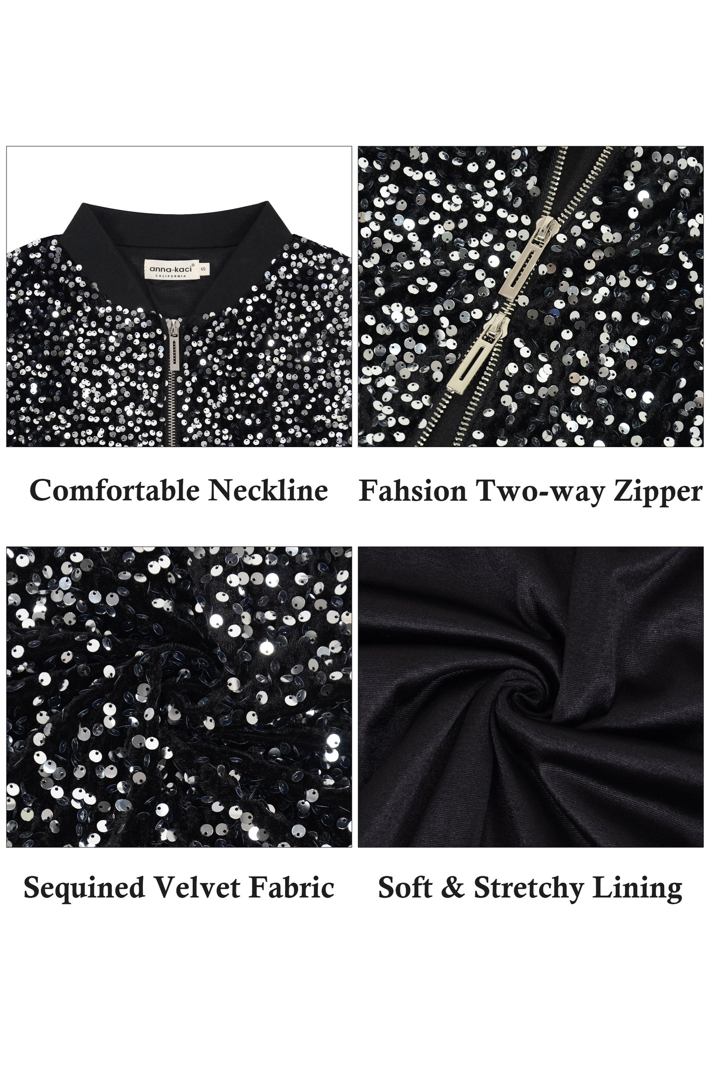 Anna-Kaci Womens Sparkly Sequin Jacket Cropped Two-Way-Zipper Glitter Party Club Bomber Jacket