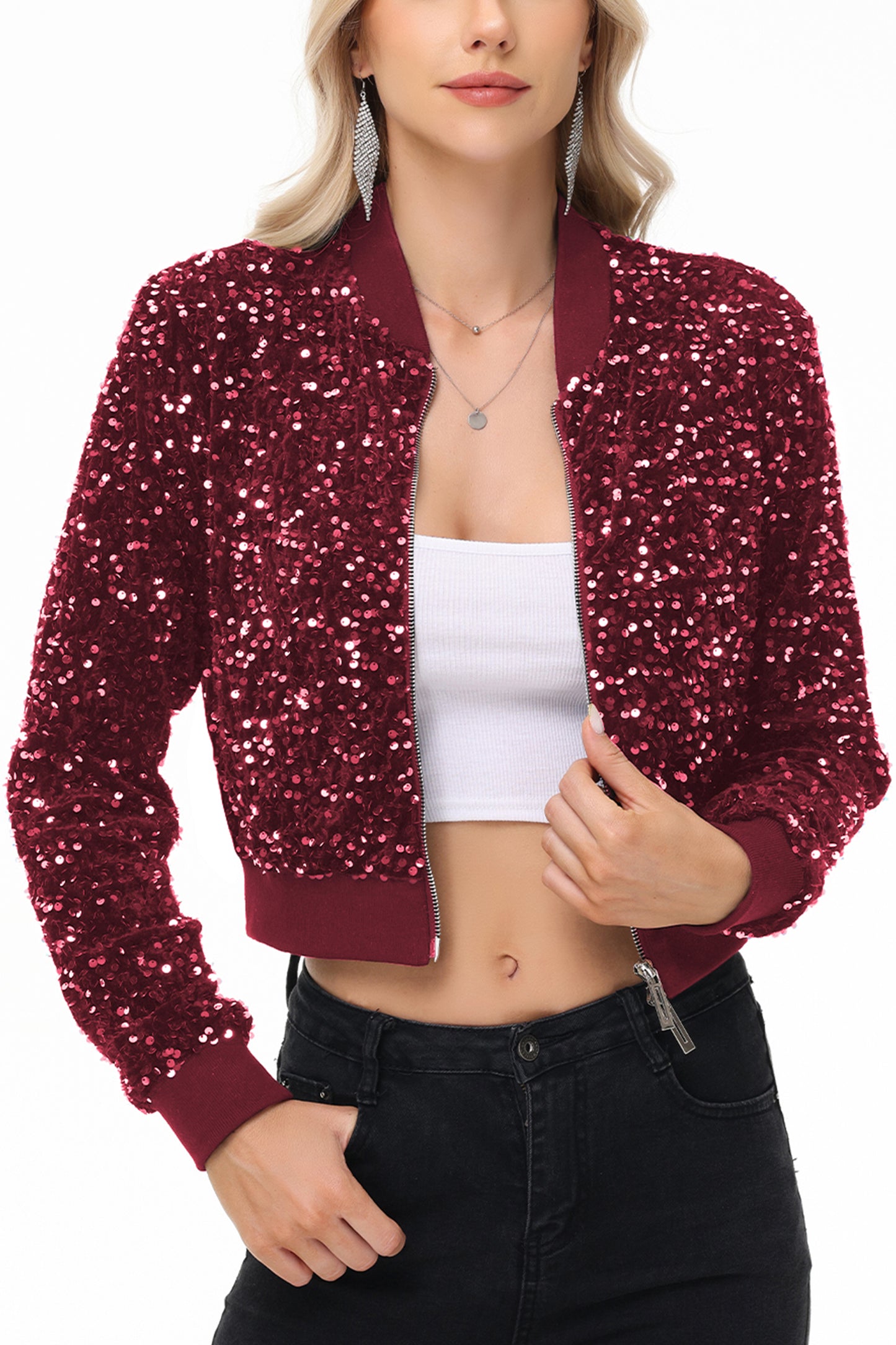 Anna-Kaci Womens Sparkly Sequin Jacket Cropped Two-Way-Zipper Glitter Party Club Bomber Jacket
